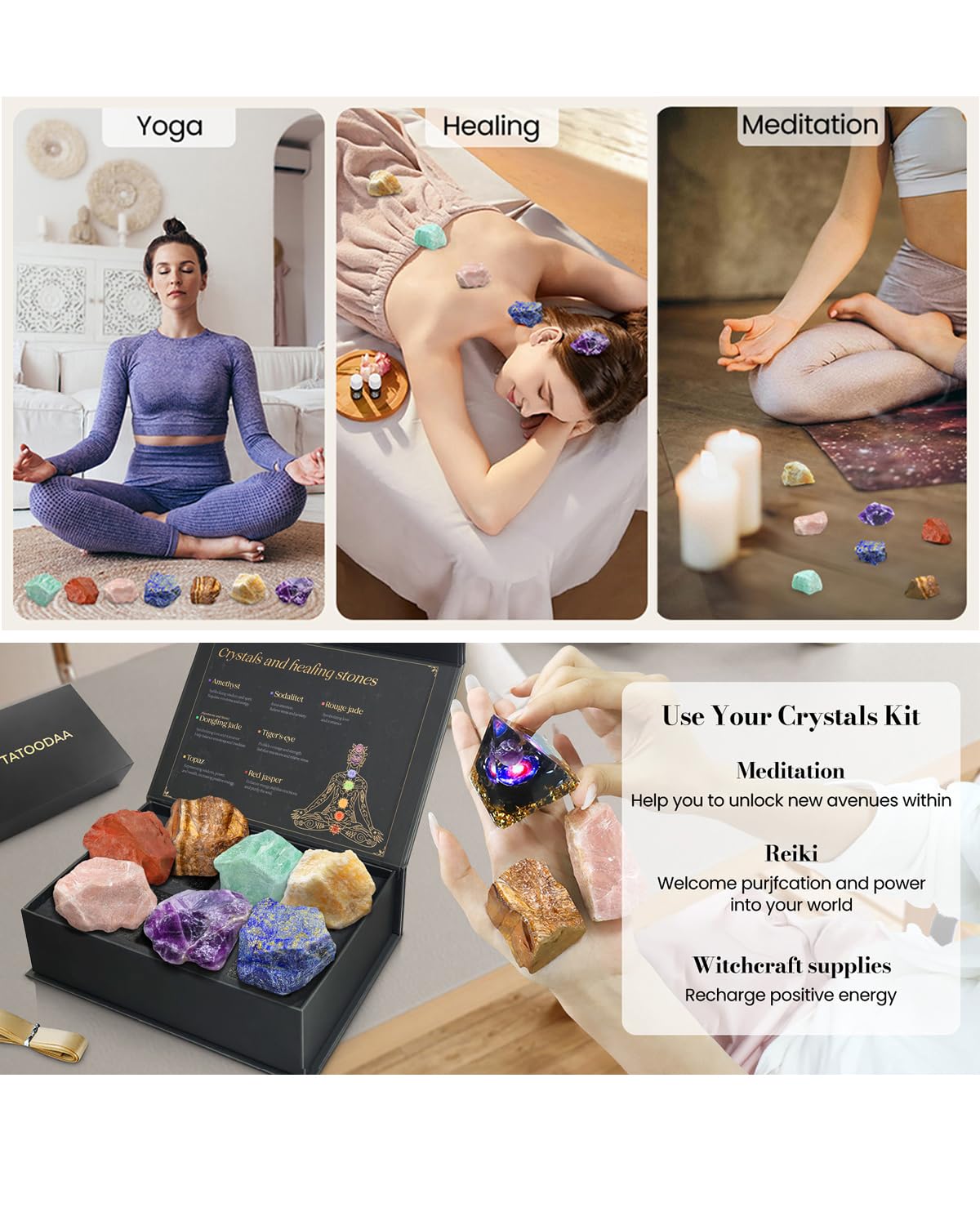 Crystals and Healing Stones Set with Orgonite Pyramid - (2-2.5 inch) Large 7 Chakras Stones, Positive Energy Healing Stones for