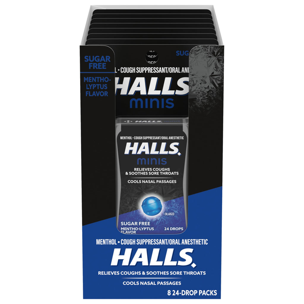 HALLS Minis Mentho-Lyptus Flavor Sugar Free Cough Drops, 8 Packs of 24 Drops (192 Drops Total)