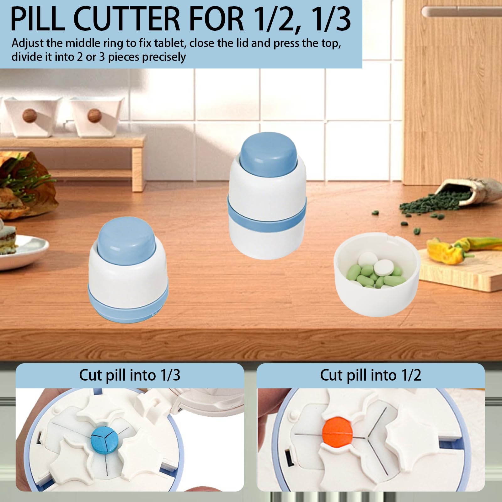 Pill Cutter 1/3 Pill Splitter for Small and Large Pills with Stainless Steel Blade for Cutting Pills in one Third or Half, Porta