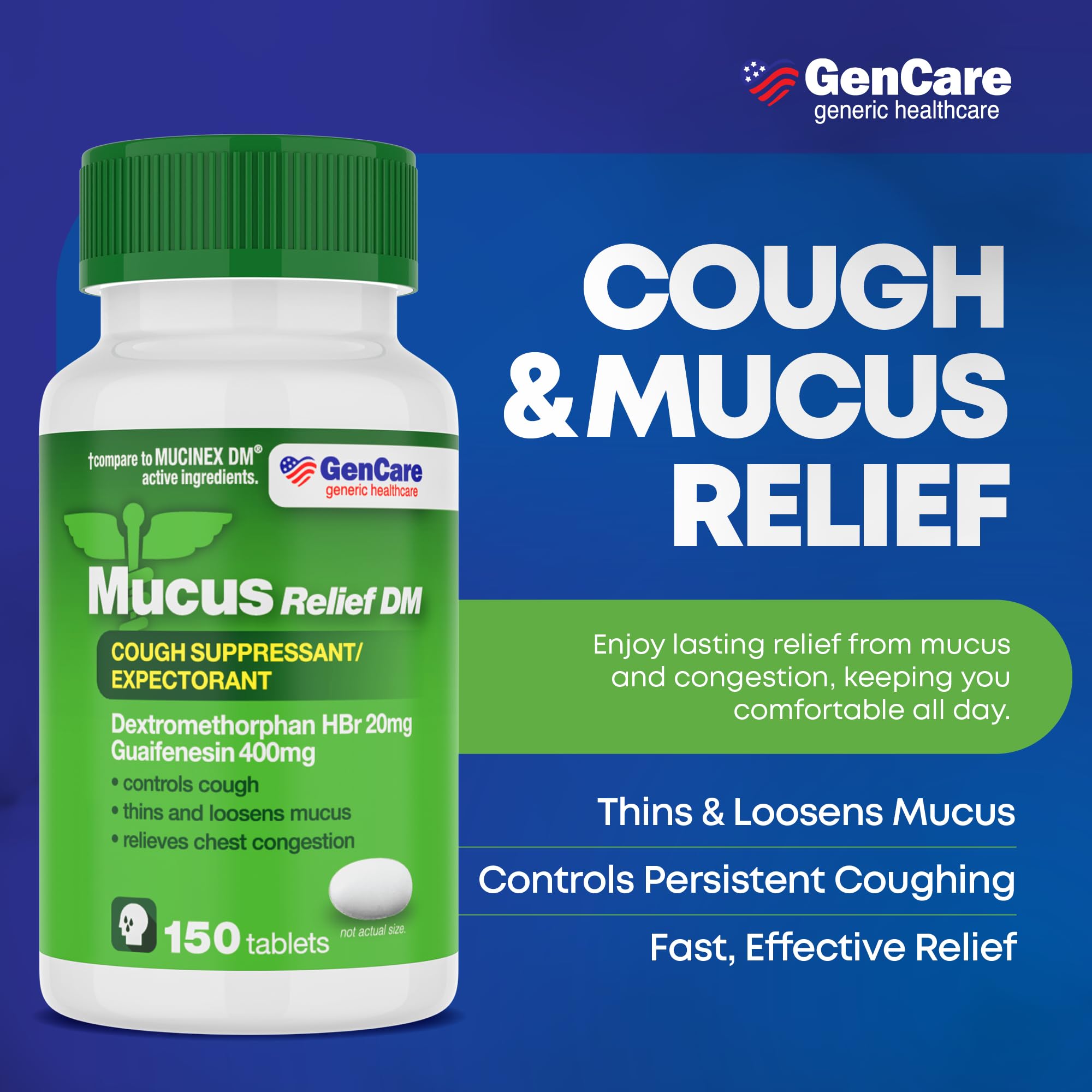 GenCare - Mucus Relief DM (150 Count Value Bottle) Dextromethorphan HBr 20mg Guaifenesin 400mg | Generic Mucus Relief DM | Immed
