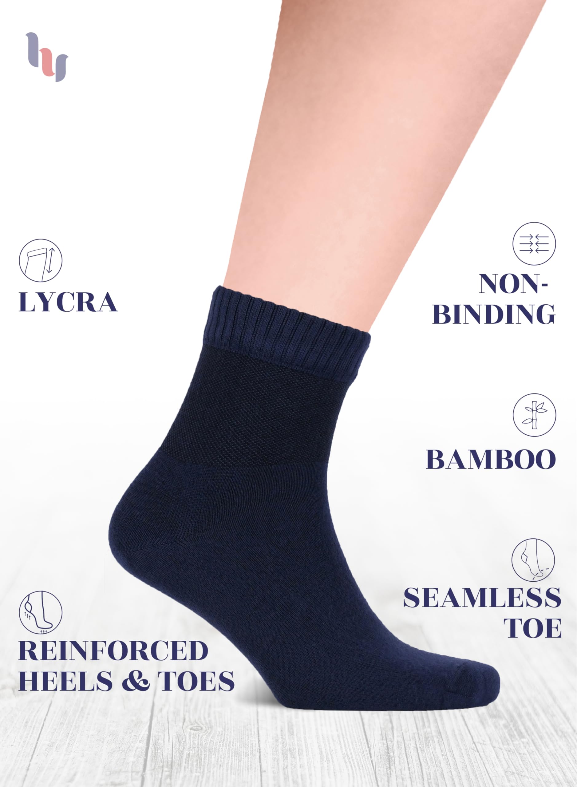 Hugh Ugoli Diabetic Socks for Men, Loose Ankle Socks Bamboo, Extra-Wide, Thin, Seamless Toe and Non-Binding Top, 4 Pairs, Navy B