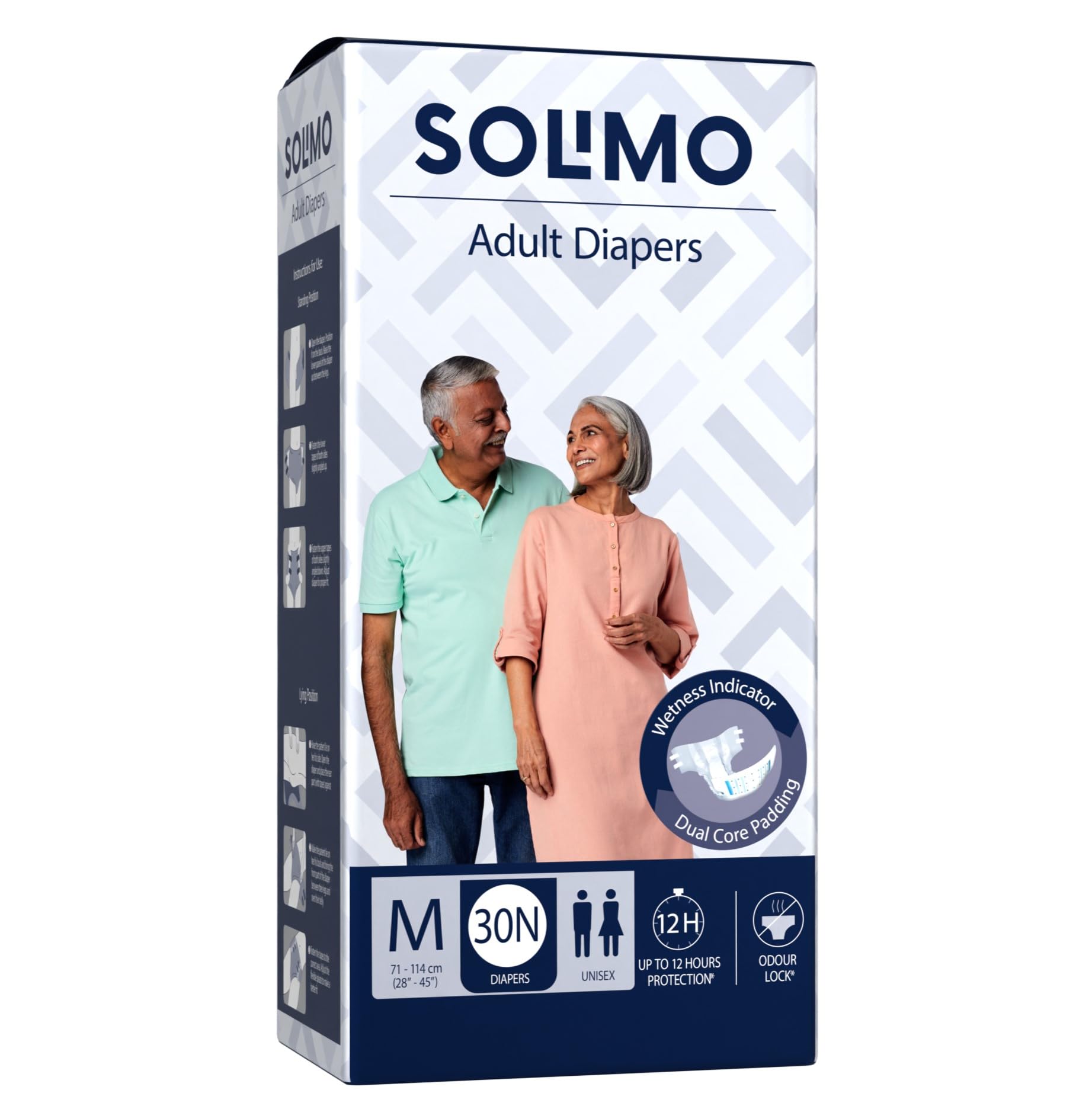 Amazon Brand  Solimo Adult Diapers Tape Style | Medium Size | 30 Count | Waist 2845 Inch (71114 Cm) | Fast Absorption | Leak 