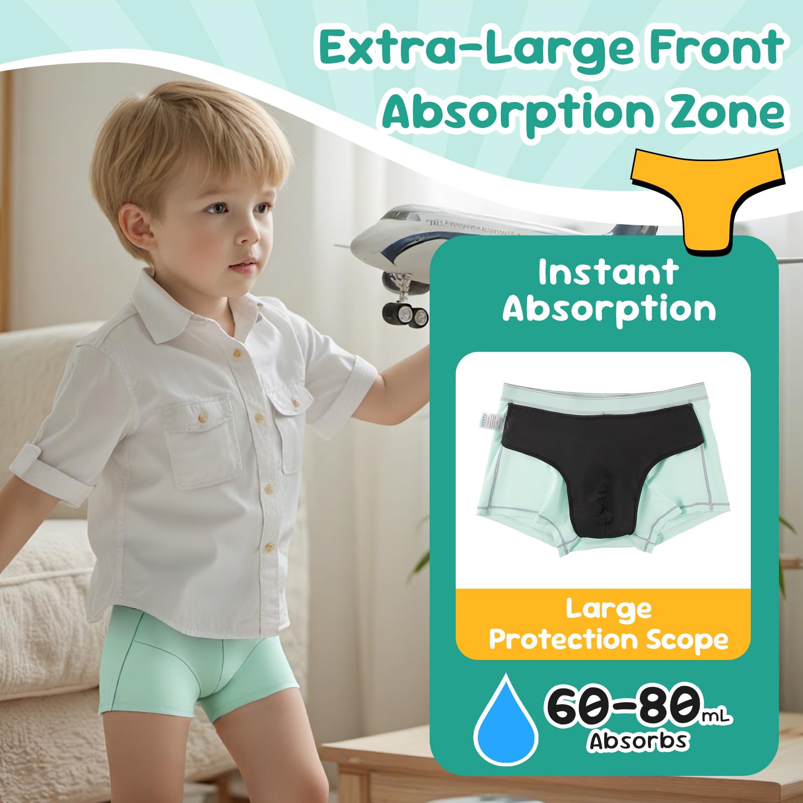 Carer Boys Incontinence Underwear Washable with Front Absorbent 80ML Breathable Cotton Absorbent Underwear for Kids 5 Pack Reusa