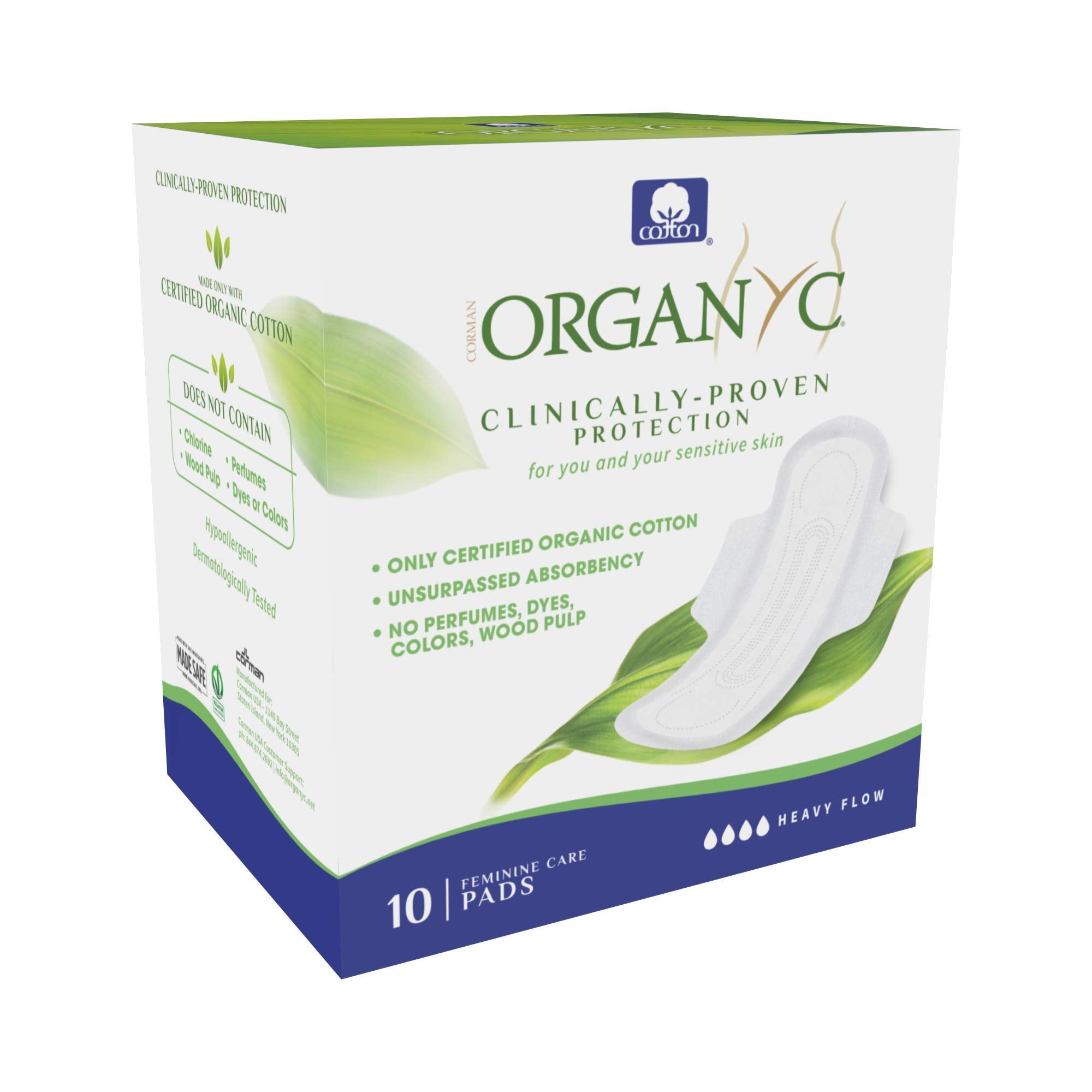 Organyc 100% Certified Organic Cotton Inside and Out Feminine Pads, Sanitary Napkin, Heavy Flow, 10 Count