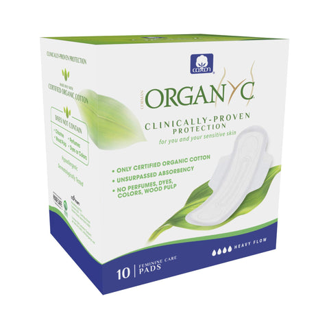 Organyc 100% Certified Organic Cotton Inside and Out Feminine Pads, Sanitary Napkin, Heavy Flow, 10 Count