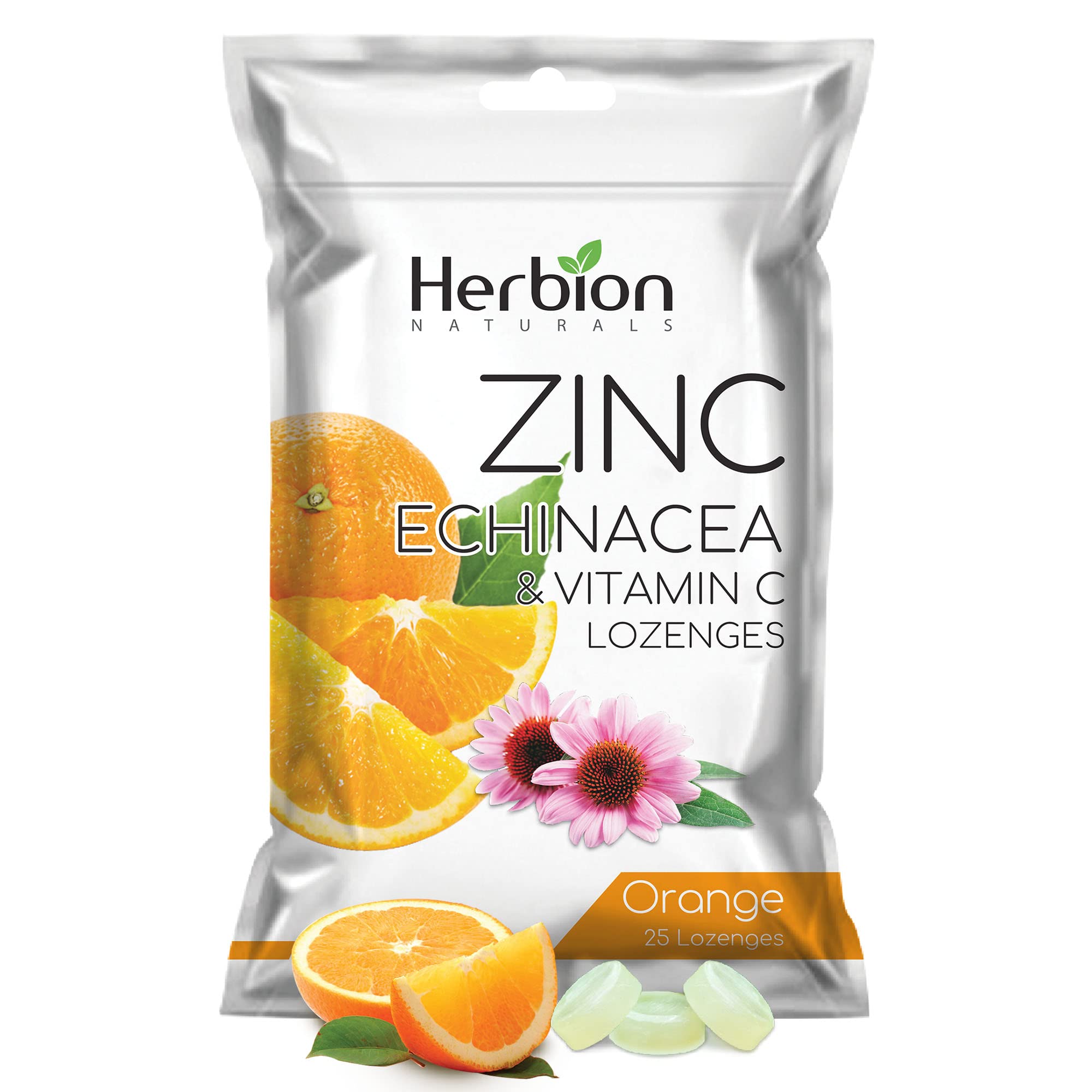 Herbion Naturals Zinc, Echinacea & Vitamin C Lozenges with Natural Orange Flavor - 25 CT - Dietary Supplement - Supports Immune 