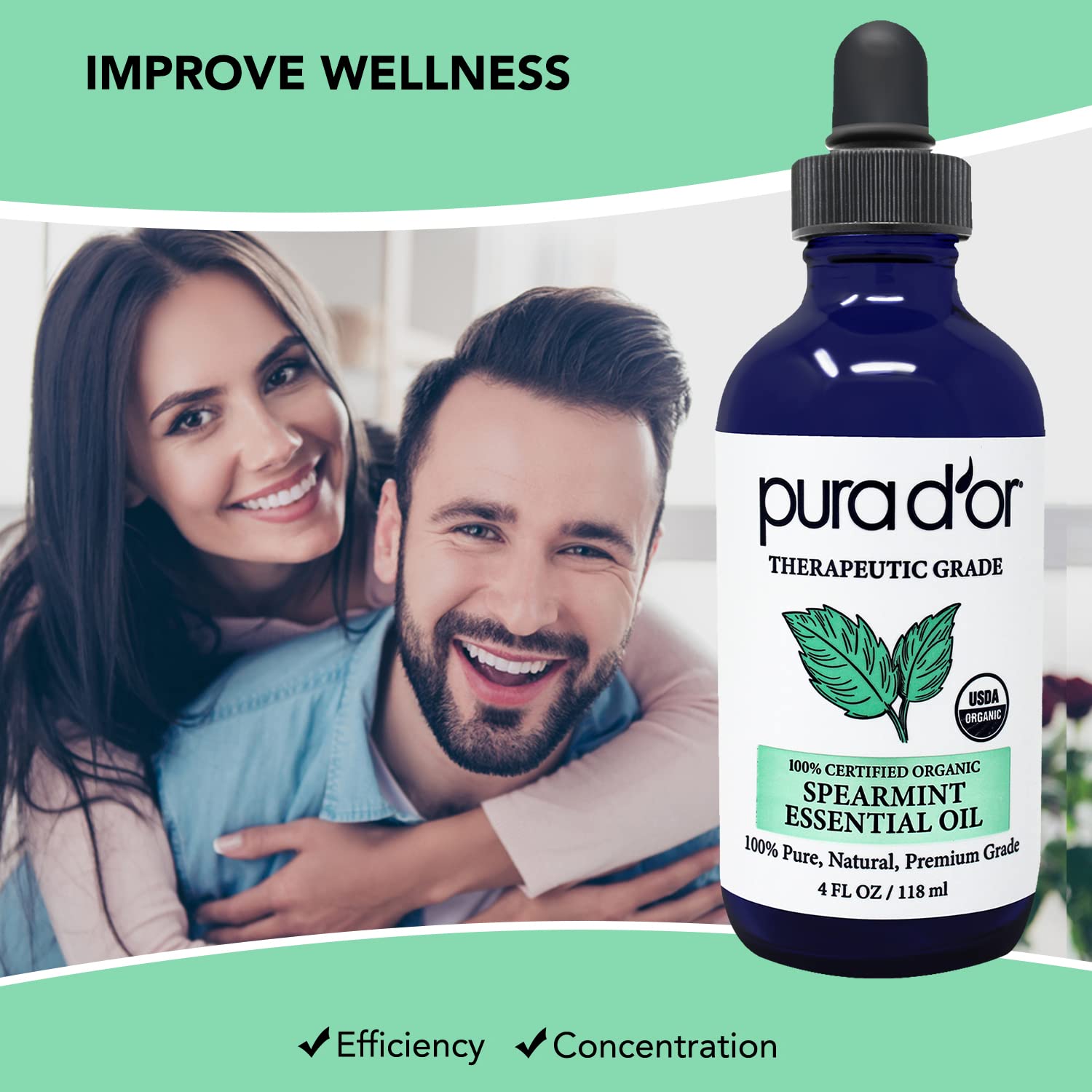 PURA DOR Organic Spearmint Essential Oil (4oz with Glass Dropper) USDA Certified 100% Pure & Natural Therapeutic Grade Diffuser