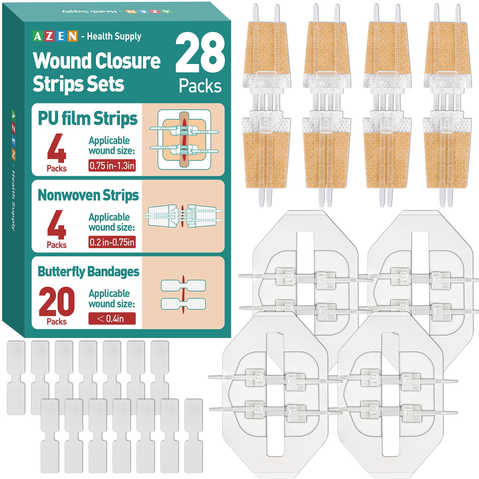 AZEN 28 Pack Wound Closure Strips, 3 Types Butterfly Bandages, Emergency Laceration Closure Kit, Repair Wounds Without Stitches,