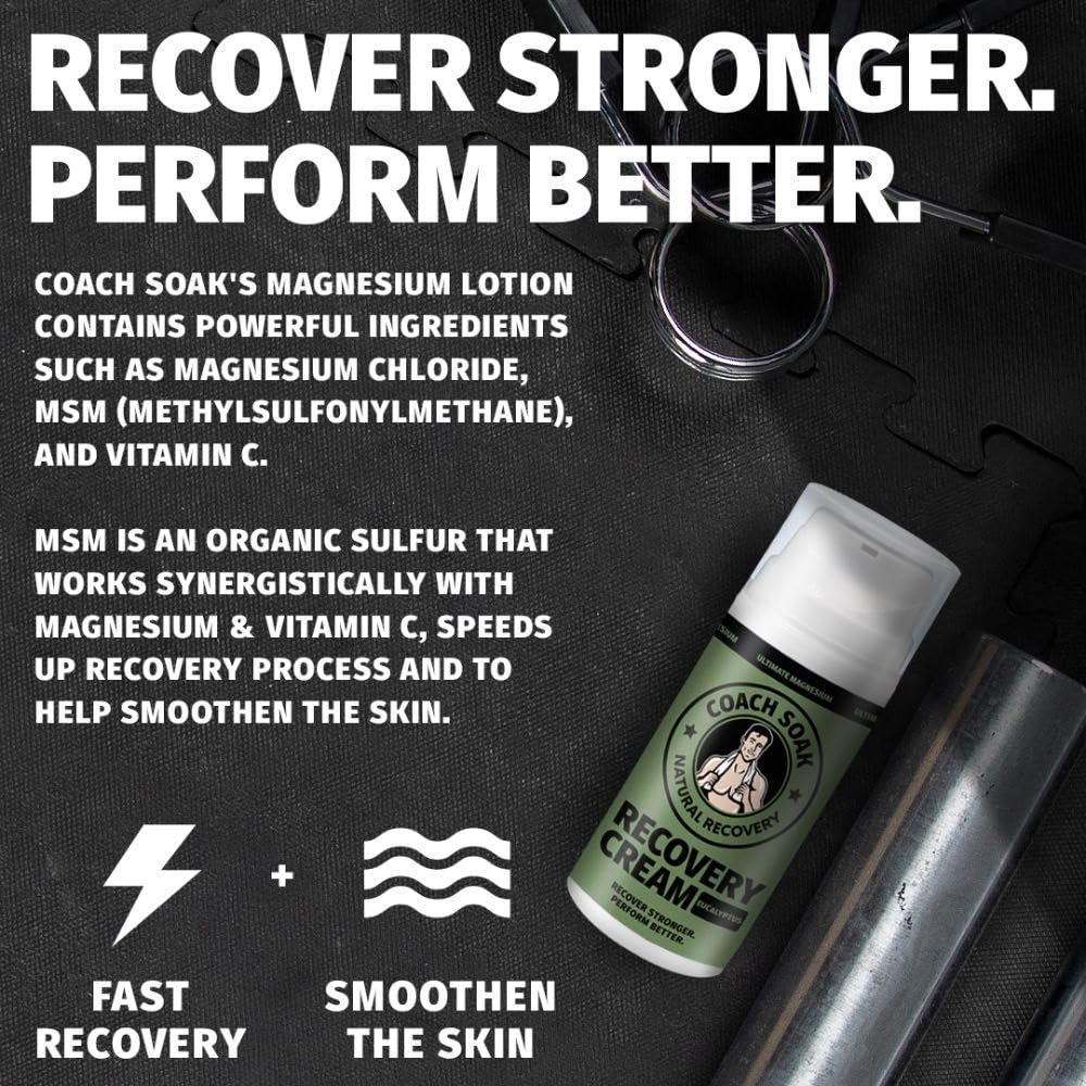 Coach Soak Magnesium Cream with MSM in Pump Bottle - Natural Recovery Cream with Magnesium Chloride & Menthol - Fast-Absorbing f