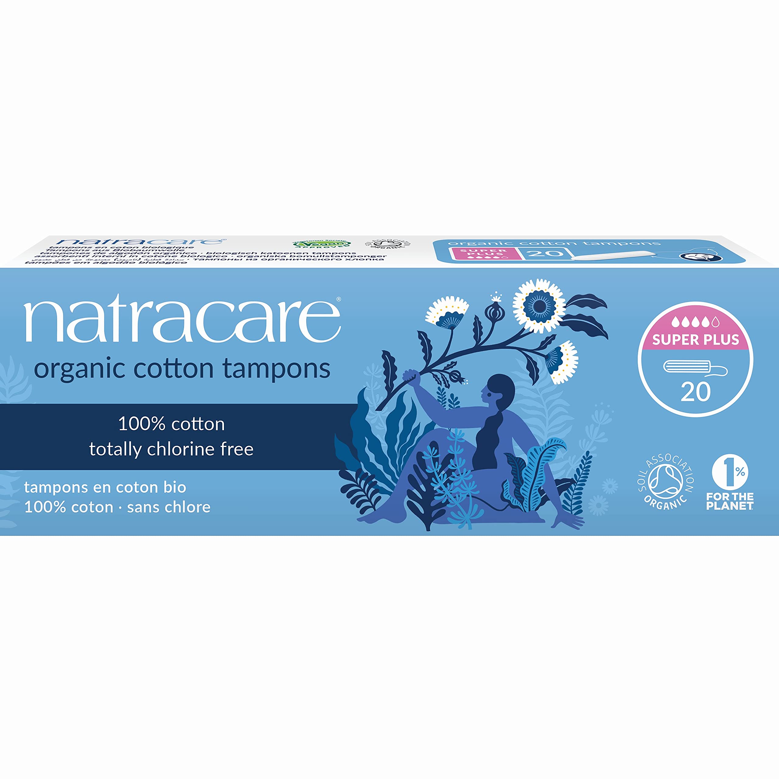 Natracare Non-Applicator 100% Organic Cotton Tampons, Super Plus, Totally Chlorine Free, Biodegradable and Compostable (1 Pack, 