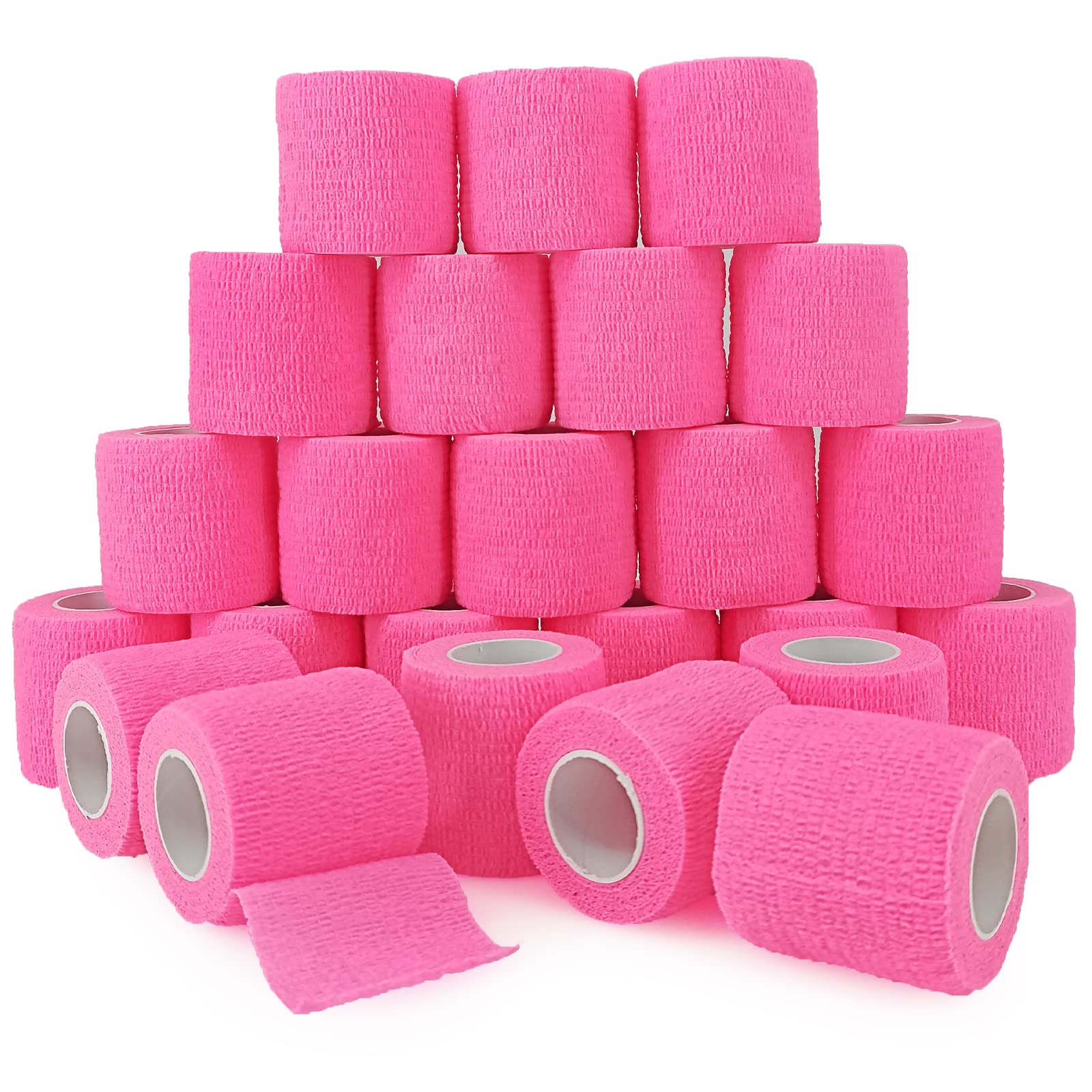 24 Rolls Pink Elastic Self Adhesive Bandage Wrap, Breathable Flexible Fabric Non Woven Cohesive Bandage, Ankle Sprains Swelling 