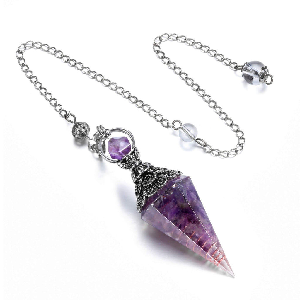 GEHECRST Natural Amethyst Healing Crystal Dowsing Pendulum Reiki Gemstone Chips Orgone Pendulum 6 Faceted Hexagonal Pointed Resi