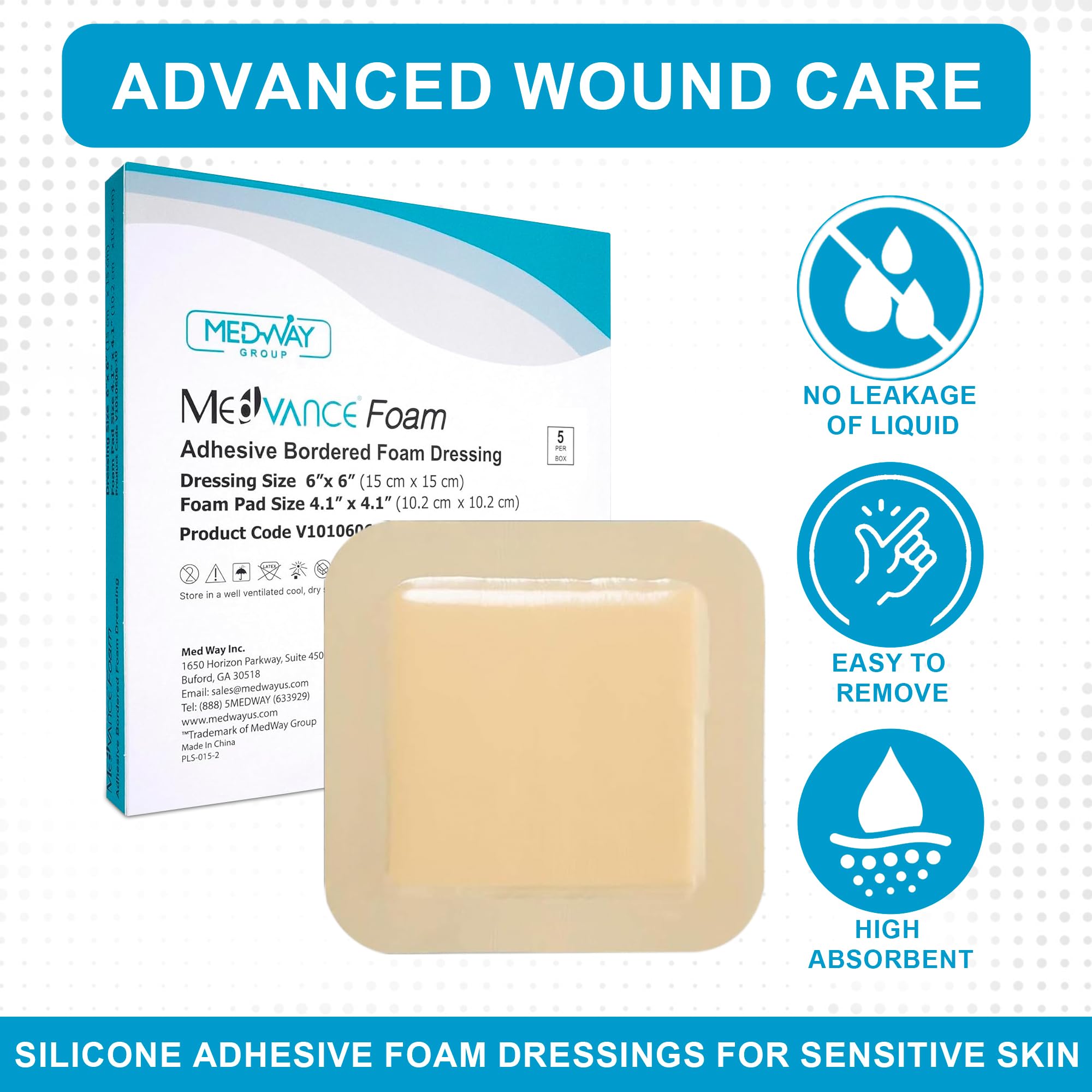 MedVance TM Foam - Bordered Adhesive Hydrophilic Foam Dressinge 6x6 (4.1x4.1 Pad) Box of 5 dressings