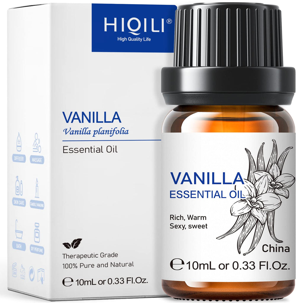 HIQILI 10ml Vanilla Essential Oil, 100% Pure Natural Vanilla Fragrance Oil for Skin, Hair, Massage, DIY Spray, Perfume, Candle, 
