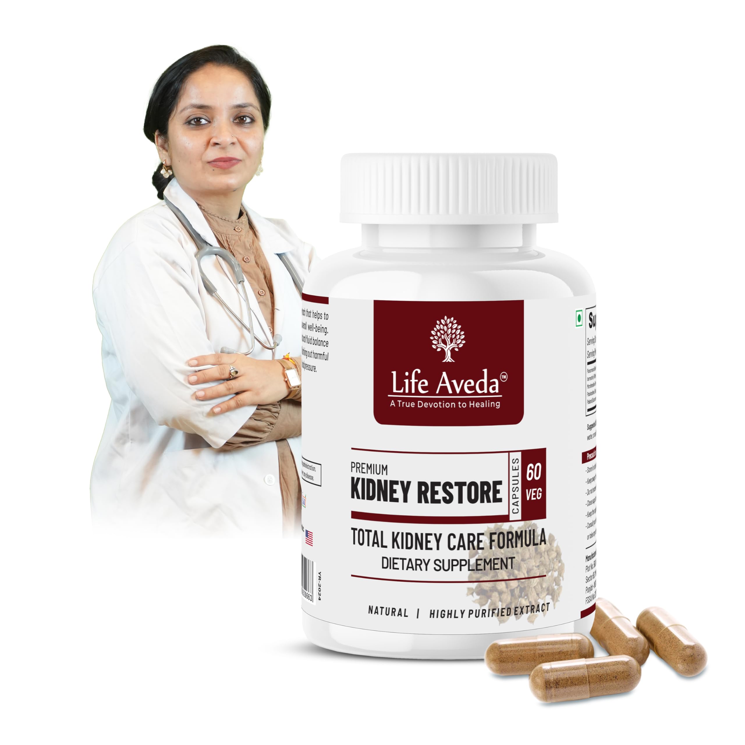 Life Aveda Kidney Restore, Dietary Supplement, 100% Natural, For Total Kidney Care Formula  60 Veg Capsules (Pack Of 1)