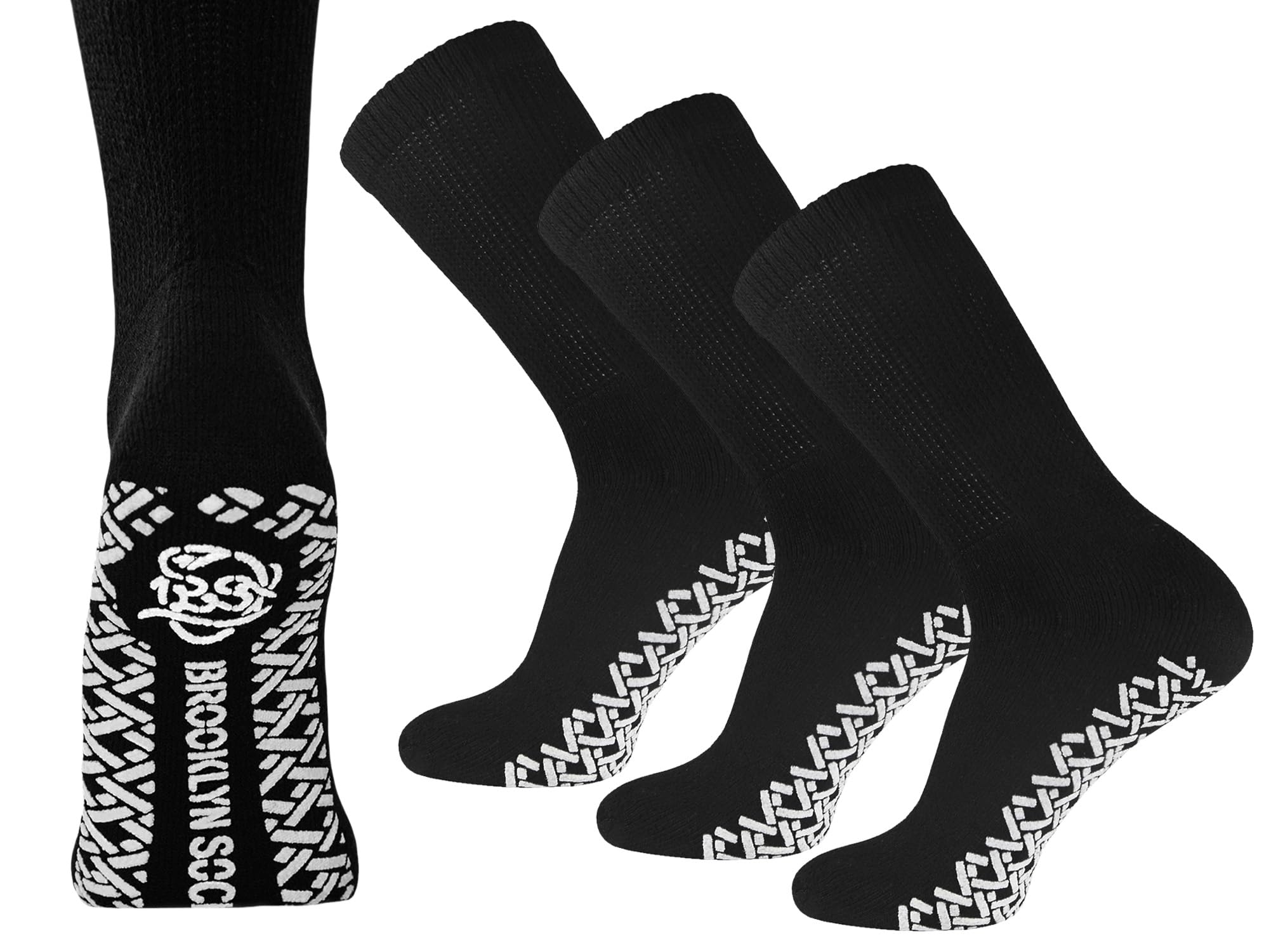 3 Pairs of Non-Skid Diabetic Crew Socks, Non Binding Top Therapeutic Cotton Gripper Socks (Black, Size: 9-11)