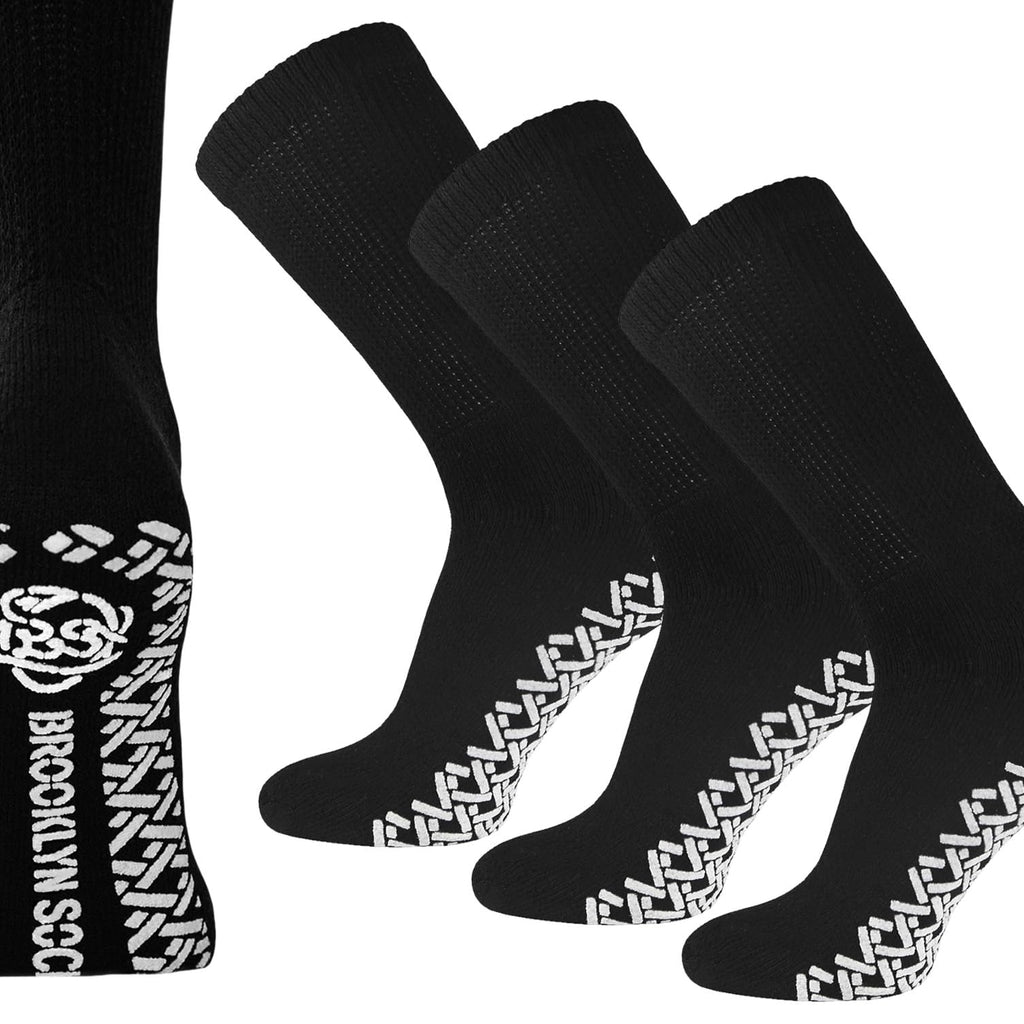 3 Pairs of Non-Skid Diabetic Crew Socks, Non Binding Top Therapeutic Cotton Gripper Socks (Black, Size: 9-11)
