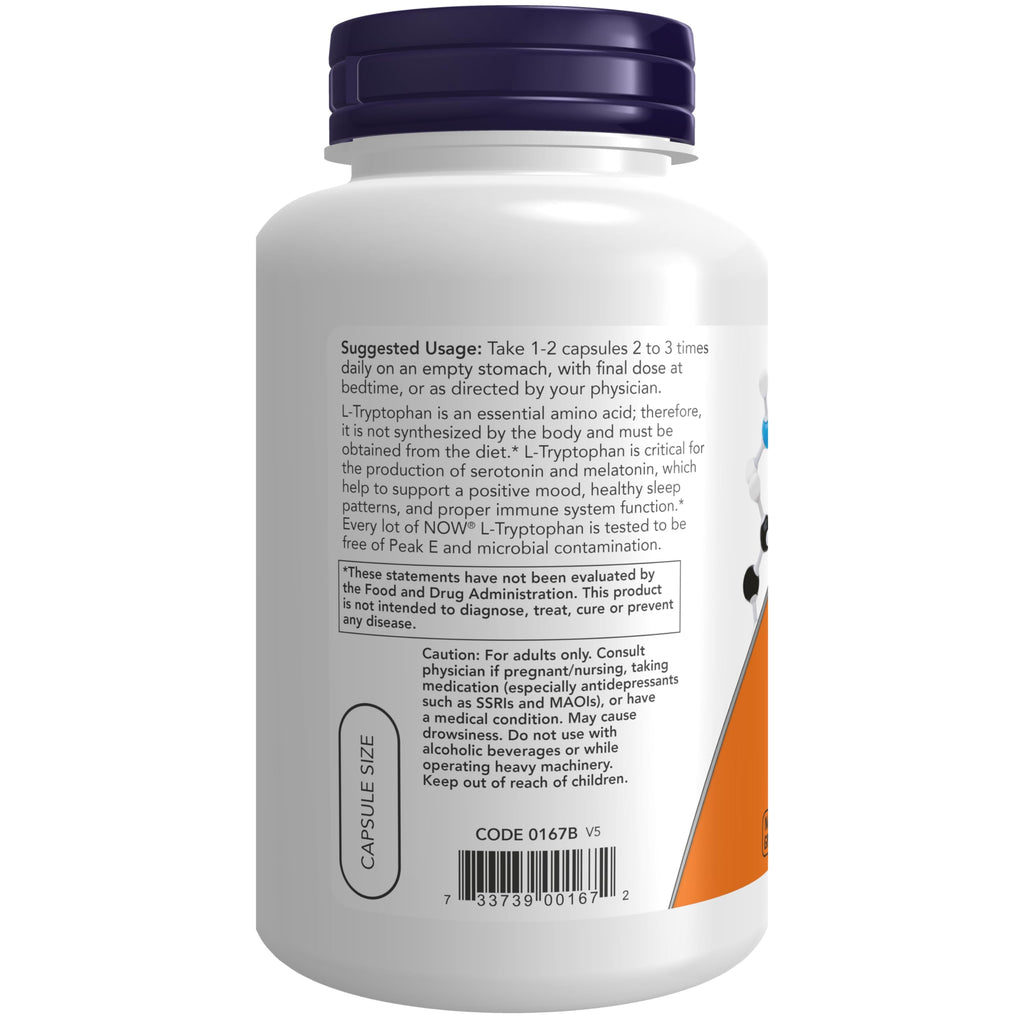 NOW Supplements, L-Tryptophan 500 mg, Encourages Positive Mood*, Supports Relaxation*, 120 Veg Capsules