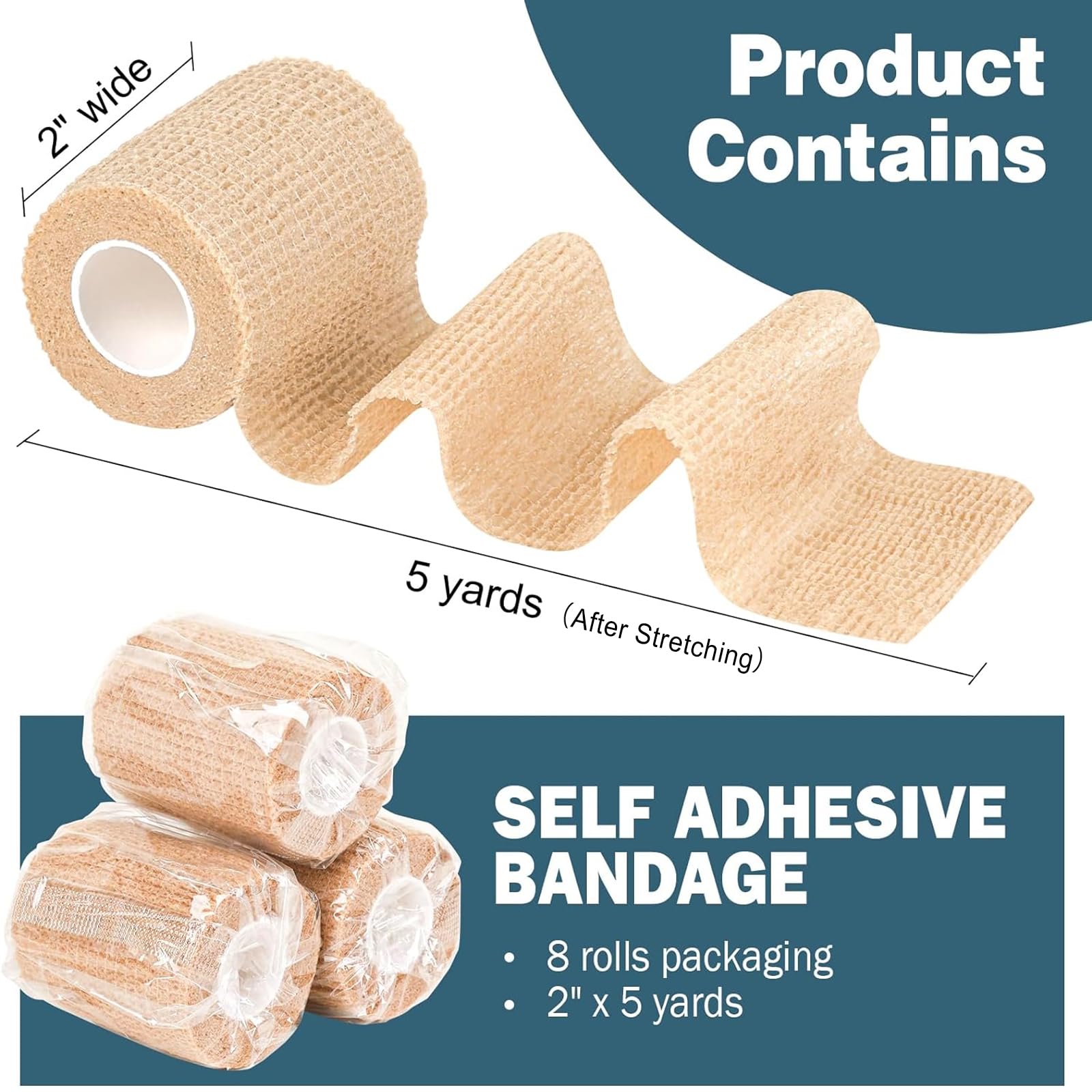 AZEN 8 Pack Self Adhesive Bandage Wrap, 2 X 5 Yards Elastic Cohesive Bandage Wrap, Skin Color Athletic Tape, Vet Wrap, Ankle Tap