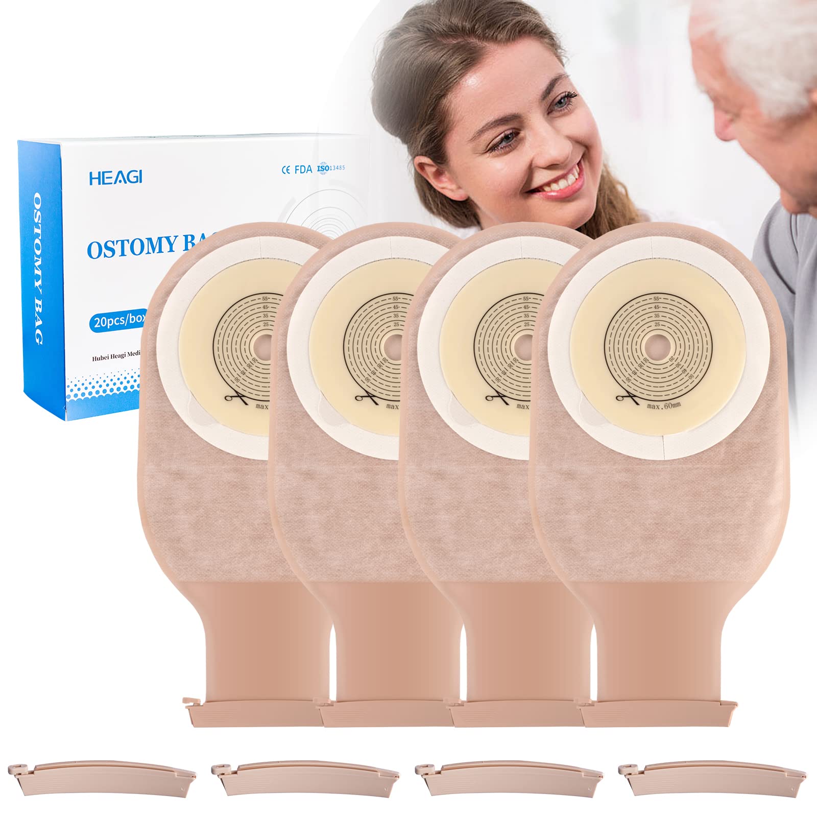 20 Pack Colostomy Bags, One Piece Ostomy Bag Ostomy Supplies, 15mm-60mm Cut-to-Fit Drainable Pouches with Clamp Closure for Ileo