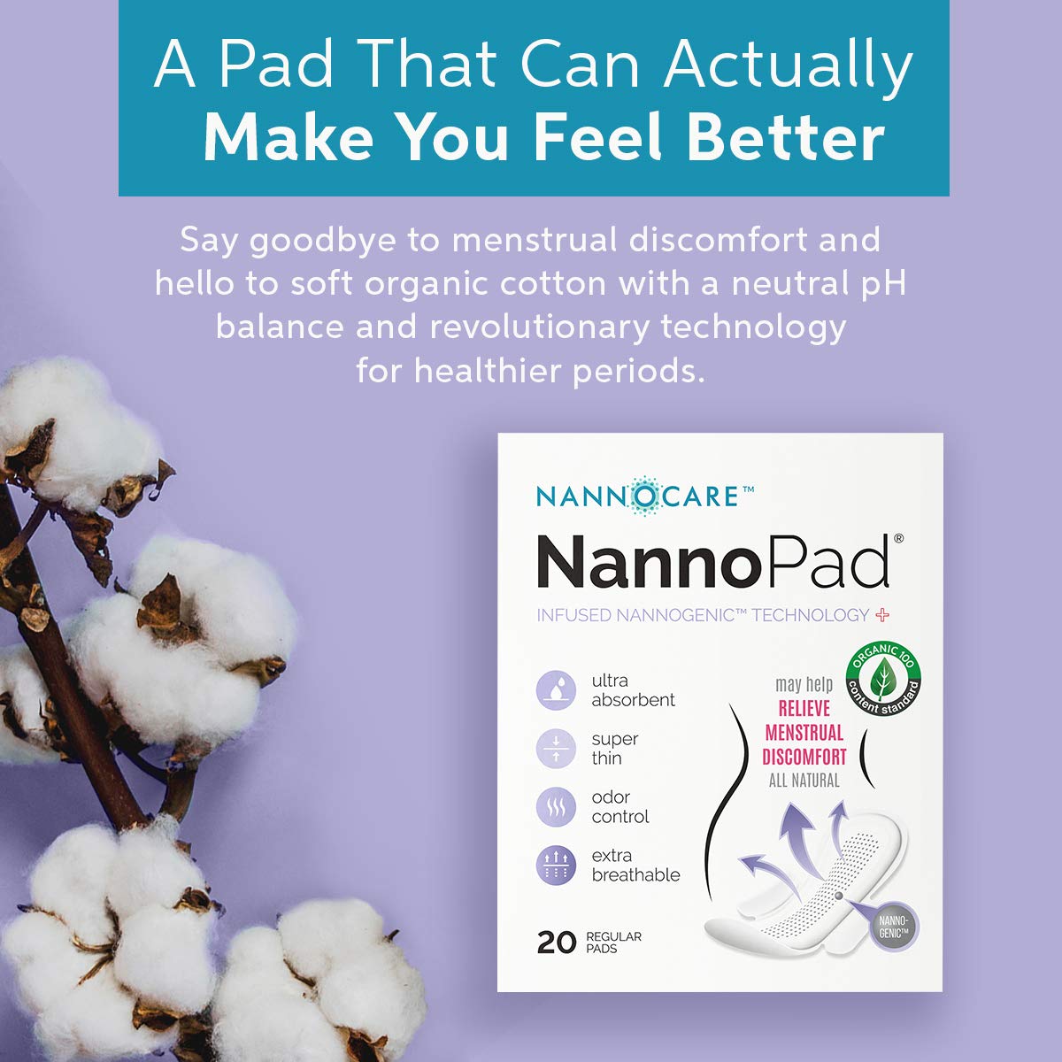 NannoPad Regular Pads for Women - Nannocare Certified Organic Cotton Pads - Pads with Wings - Feminine Hygiene Products - 20 San