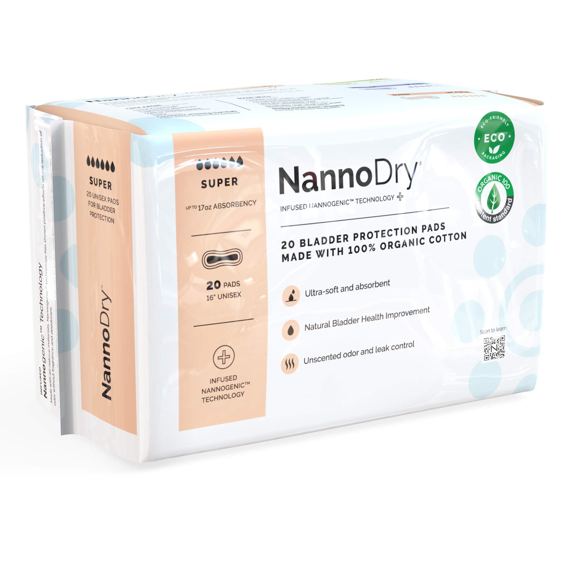 NannoDry Natural Incontinence Pads - Organic Cotton Bladder Leakage Pads - Cotton Pads for Incontinent Adults - Nannocare Super