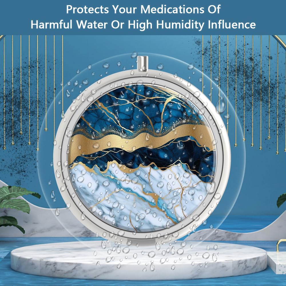 Pill Case 3 Compartment Medicine Organizer, Portable Metal Vitamin Box - Blue Cracked Marbling