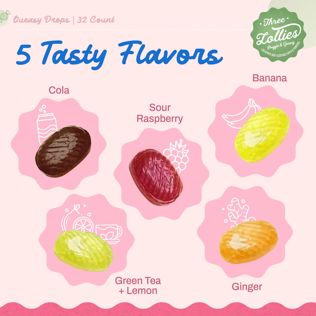 Three Lollies Queasy Drops - Relief from Nausea & Travel Sickness - Soothes a Dry Mouth & Settles Stomach - Natural Ingredients