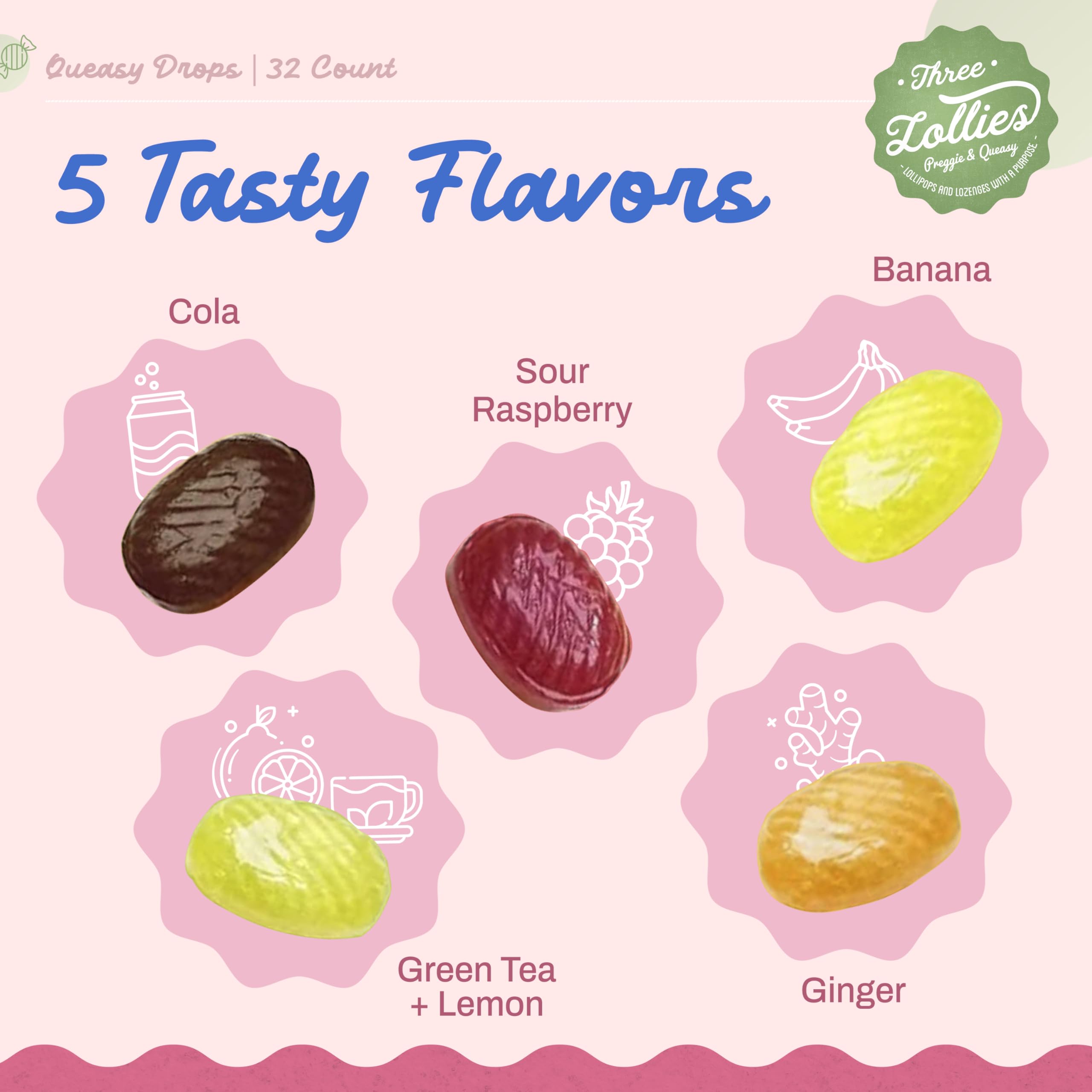 Three Lollies Queasy Drops - Relief from Nausea & Travel Sickness - Soothes a Dry Mouth & Settles Stomach - Natural Ingredients