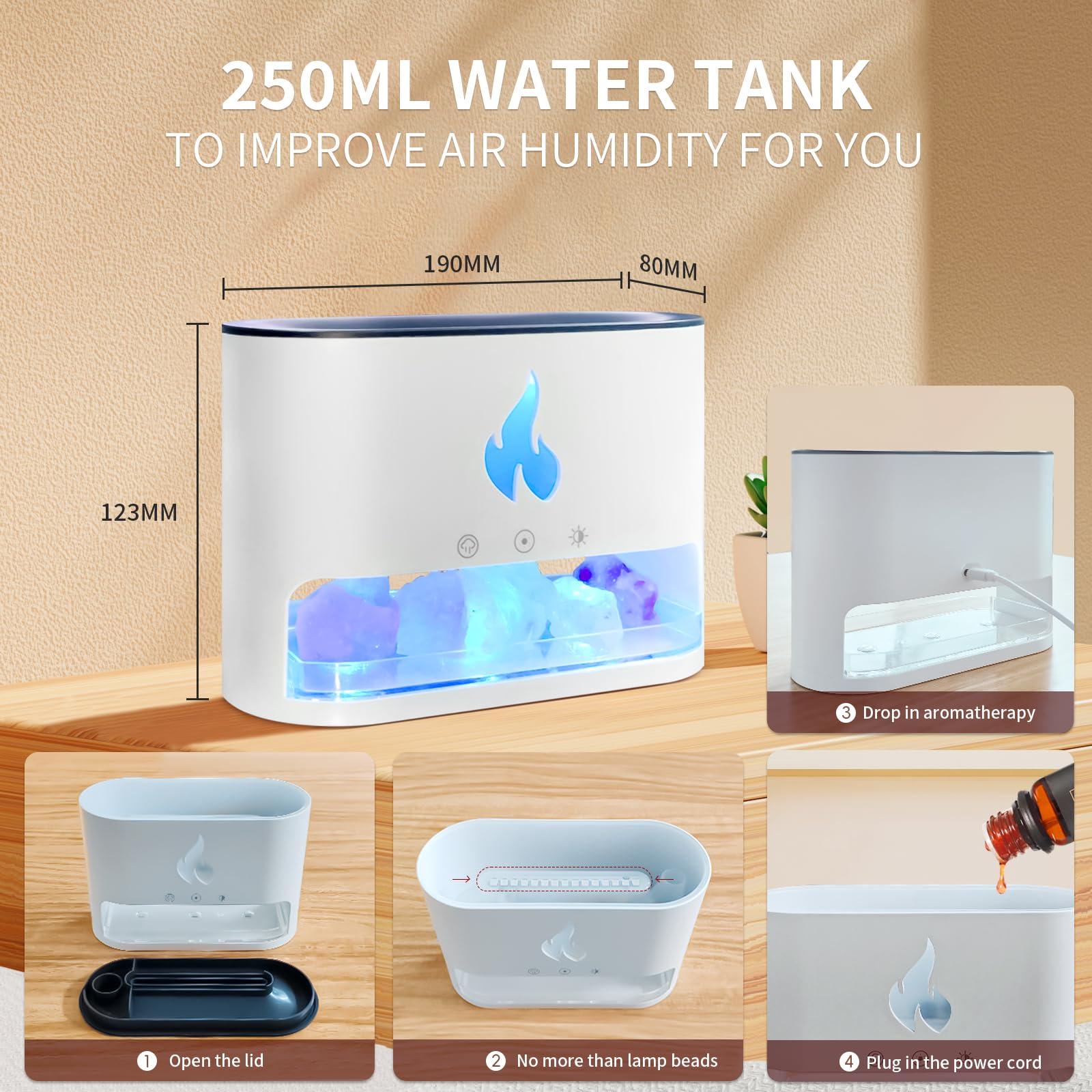 Salt Lamp Diffuser 2 in 1 Flame Diffuser 250ml Himalayan Salt Lamp Diffusers for Home Colorful Essential Oil Diffusers White Aro