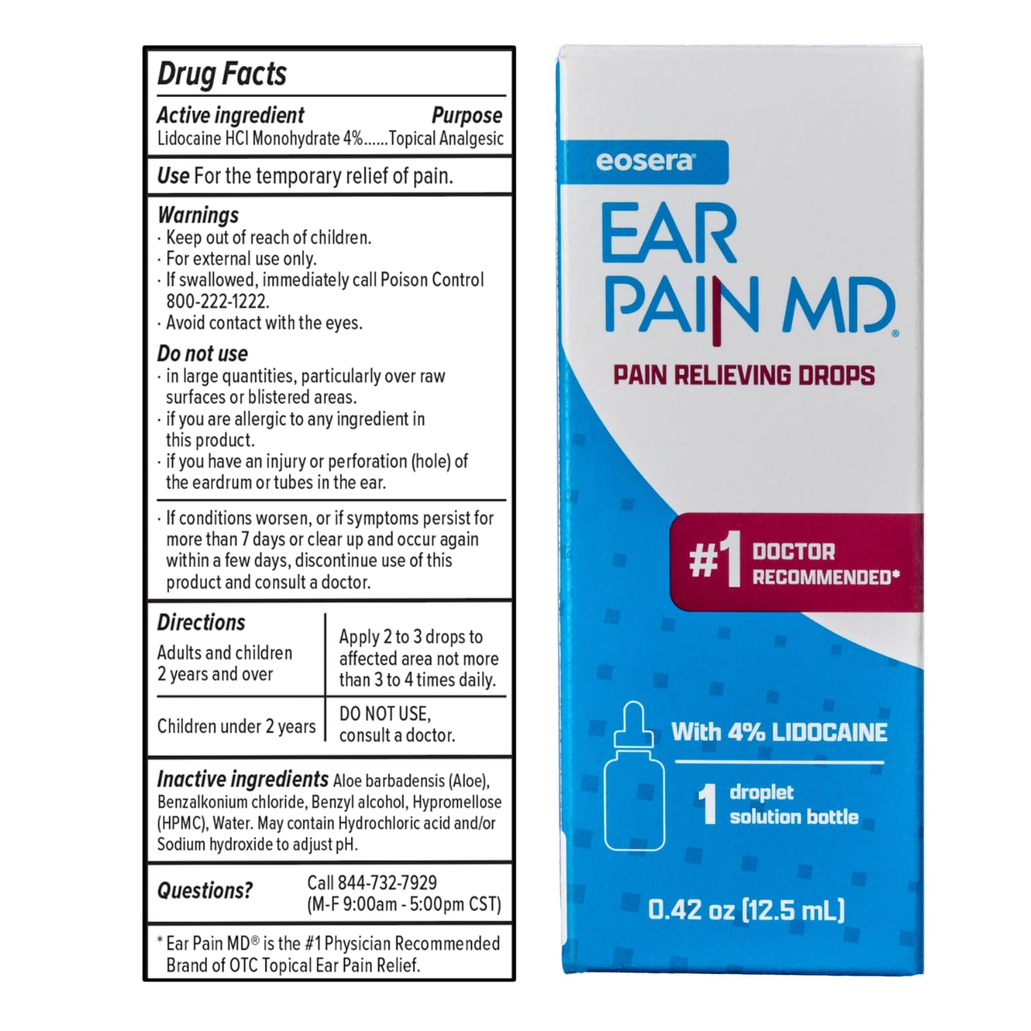 eosera Ear Pain MD - Pain Relieving Drops with 4% Lidocaine 12.5mL | Ear Ache Pain Relief | Doctor Recommended | Fast-Acting | T