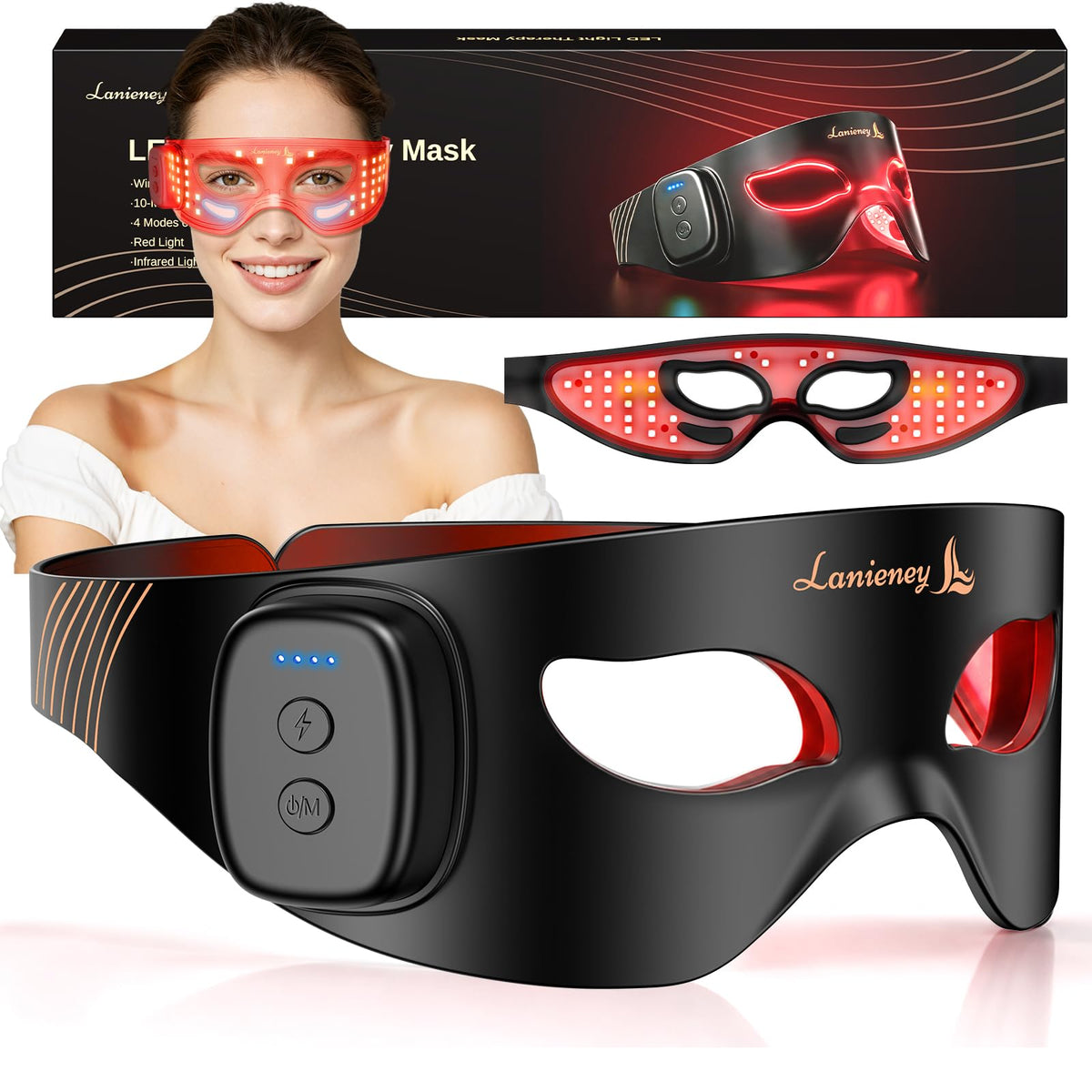 Lanieney Cordless Red Light for Eyes, UnderEye Mask, Eye Massager, Black
