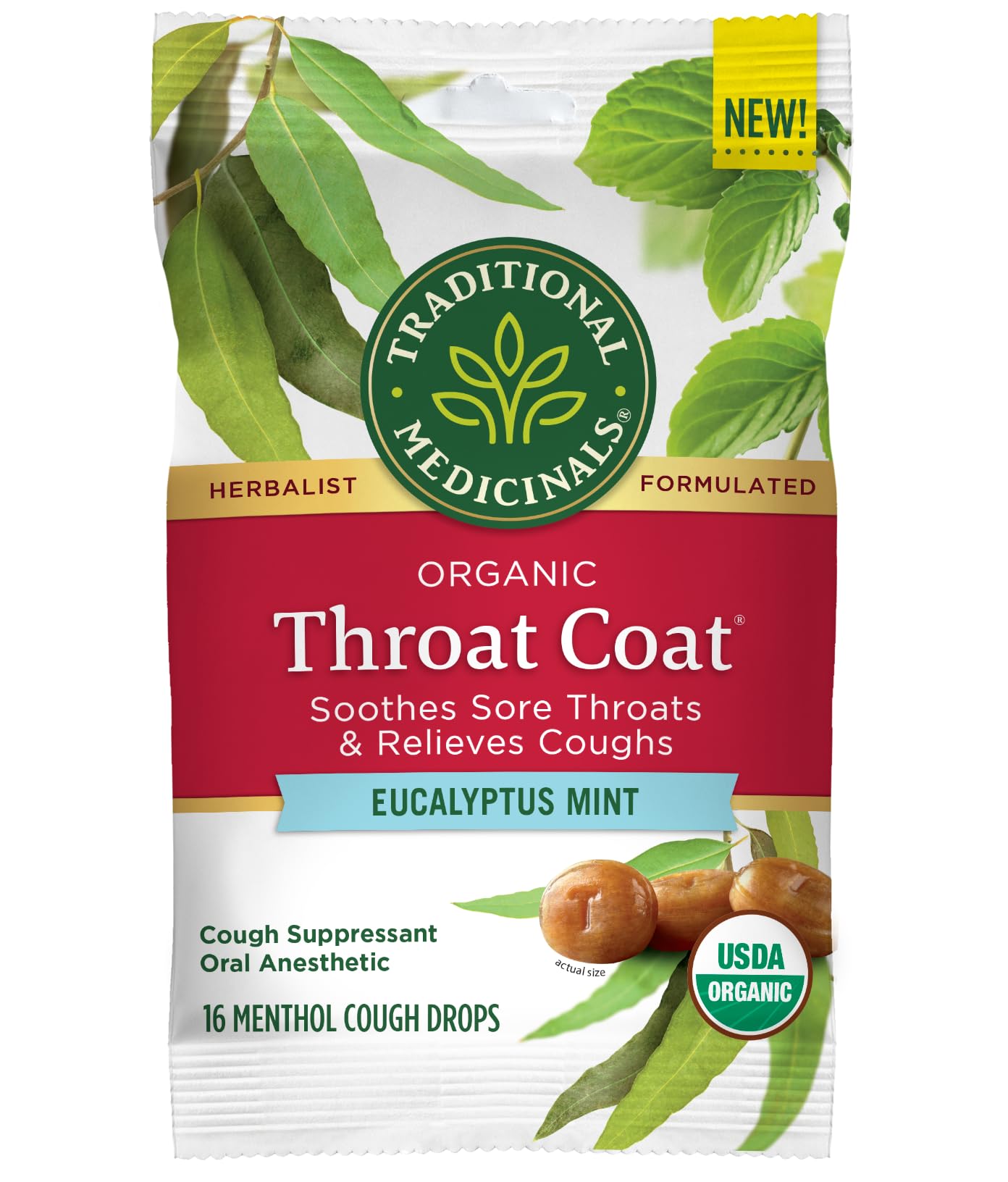 Traditional Medicinals Lozenges, Organic Throat Coat Lozenges, Eucalyptus Mint, Soothes Sore Throats & Relieves Coughs, 16 Indiv