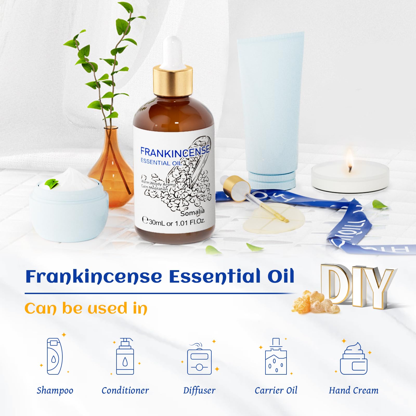 HIQILI 30ML Frankincense Essential Oil, Relaxing, Skin Care, Camp Atmosphere Creation, Can be Added to Body Lotions, Creams, Aro