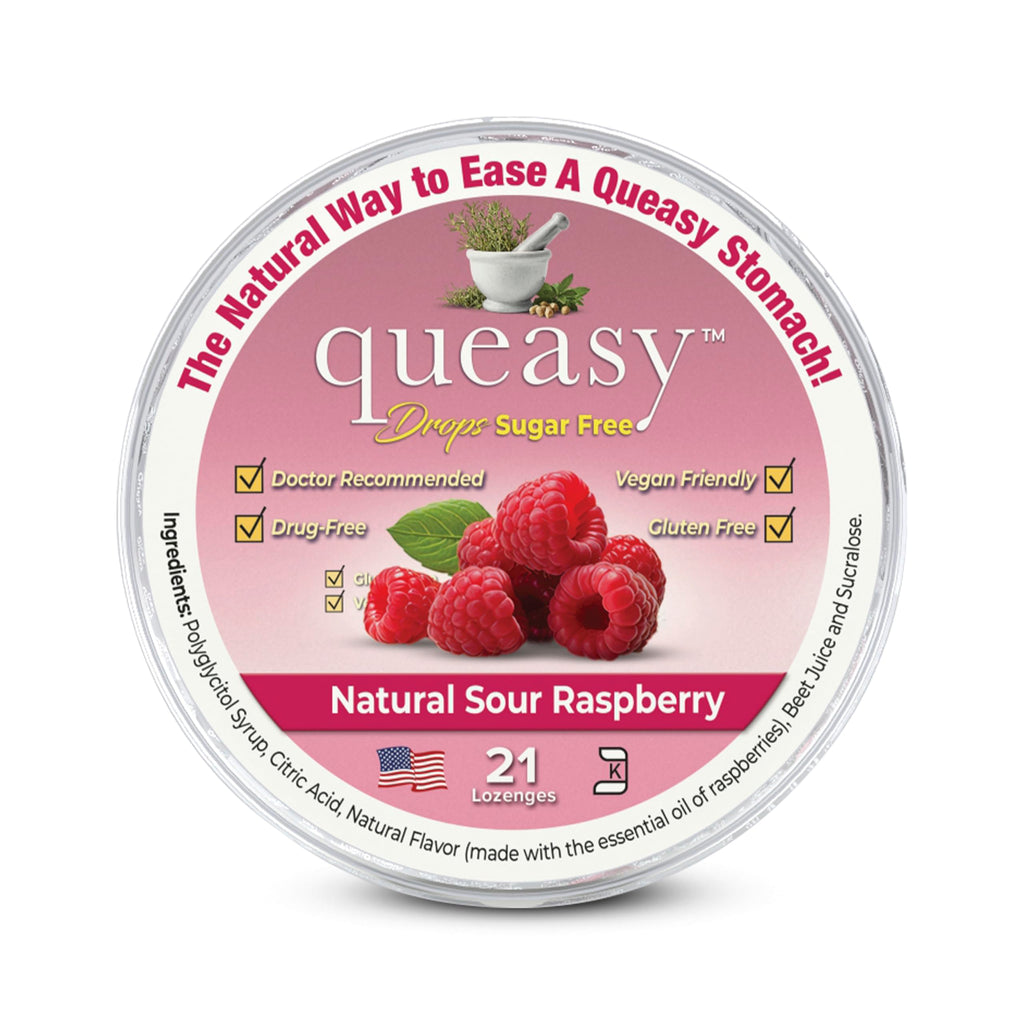 Three Lollies Queasy Drops Sugar Free - Natural Sour Raspberry Flavor - Ease Chemotherapy Nausea & Travel Sickness, Alleviates a