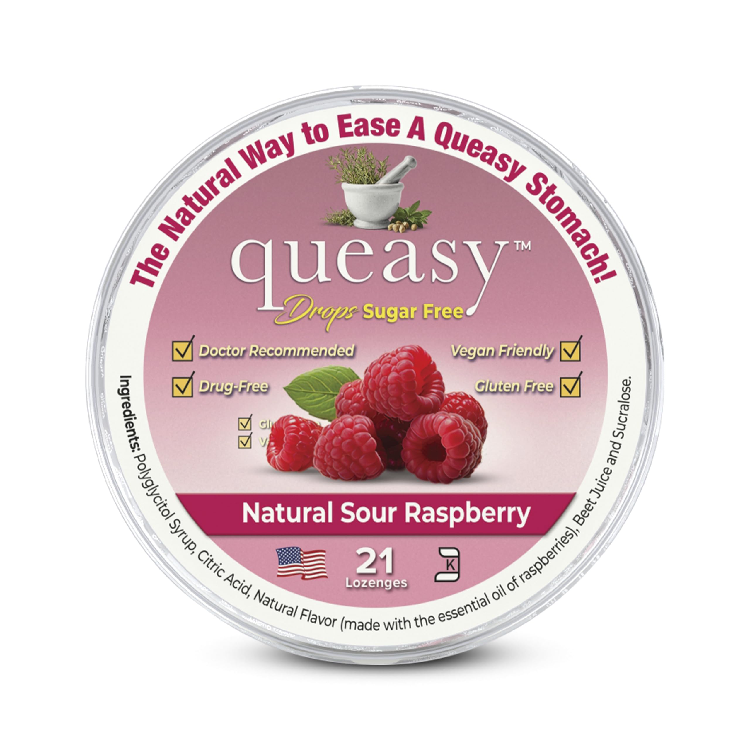 Three Lollies Queasy Drops Sugar Free - Natural Sour Raspberry Flavor - Ease Chemotherapy Nausea & Travel Sickness, Alleviates a