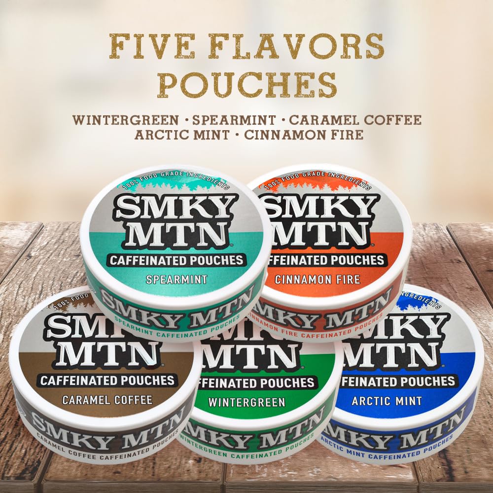 Smokey Mountain Caffeinated Pouches - Spearmint - Tobacco Free and Nicotine Free - 5 Can Box - 15 Pouches Per Can