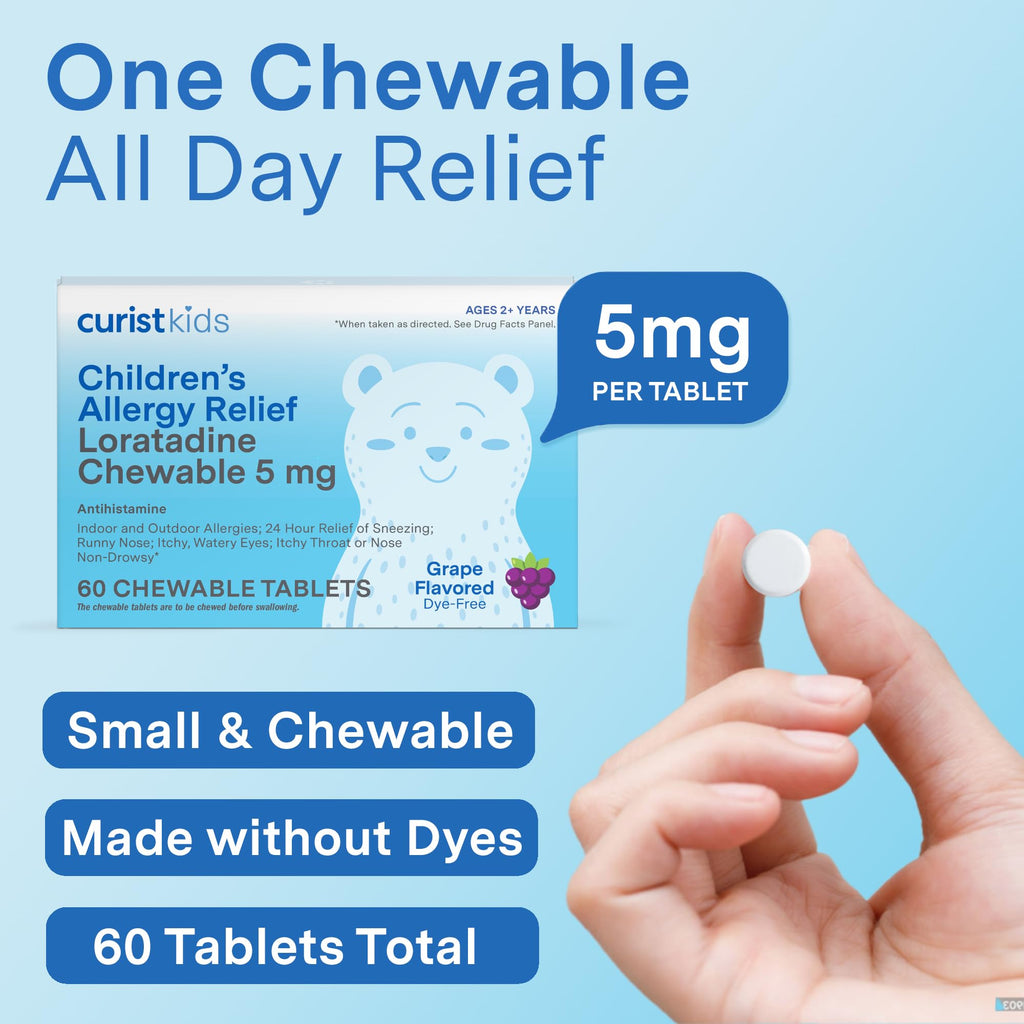 Curist Childrens Allergy Medicine Chewable (Loratadine 5mg) 60 Count Grape Flavor - 24 Hour Allergy Relief for Sneezing, Runny