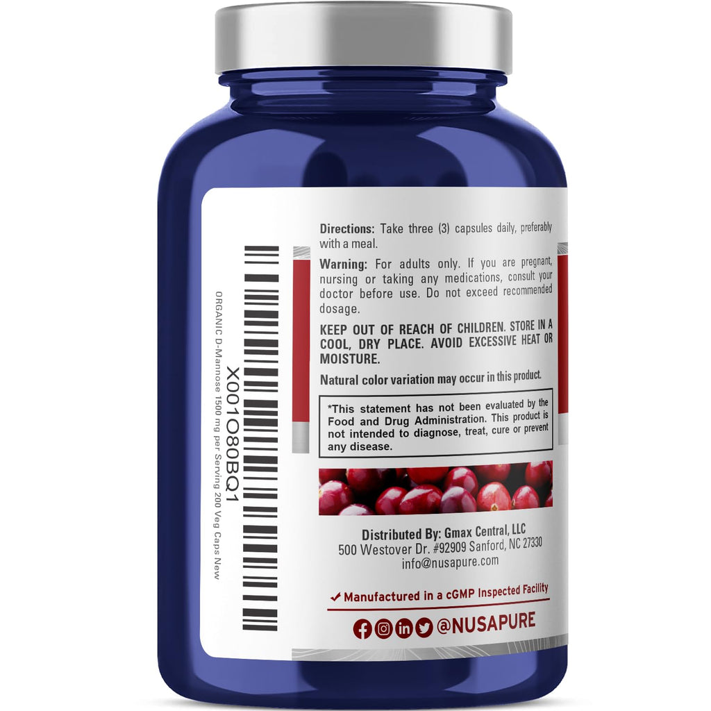 NusaPure D-Mannose 1500 mg per Serving - 200 Vegetarian Capsules (Organic, Non-GMO, Vegan)