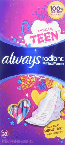 Always Radiant Totally Teen Pads With FlexFoam Flexi-Wings Flexible Wings, 28 Count, 2 Pack. (Includes 56 Pads Total.) Lasts Up 