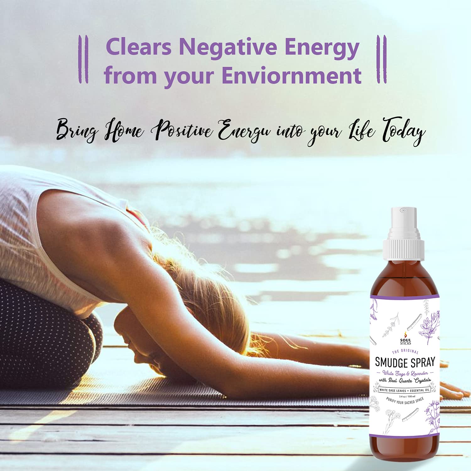SOUL STICKS White Sage & Lavender Smudge Spray - 3.5oz Smokeless Mist with Quartz Crystals - Calming Essential Oil Spray for Sle