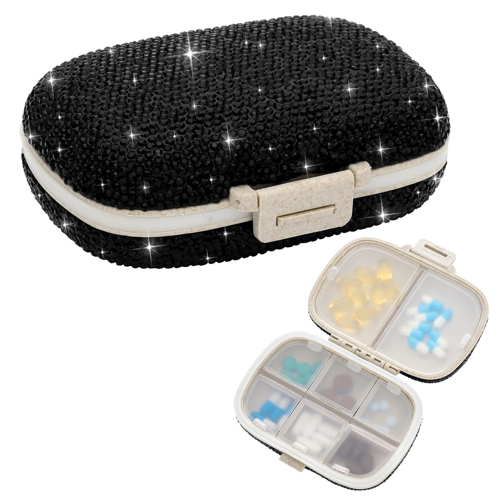 Soleebee Portable 8 Compartments Daily Pill Organizer, Bling Crystal Diamond Pill Box, Small Travel Pill Case, Pill Dispenser, M