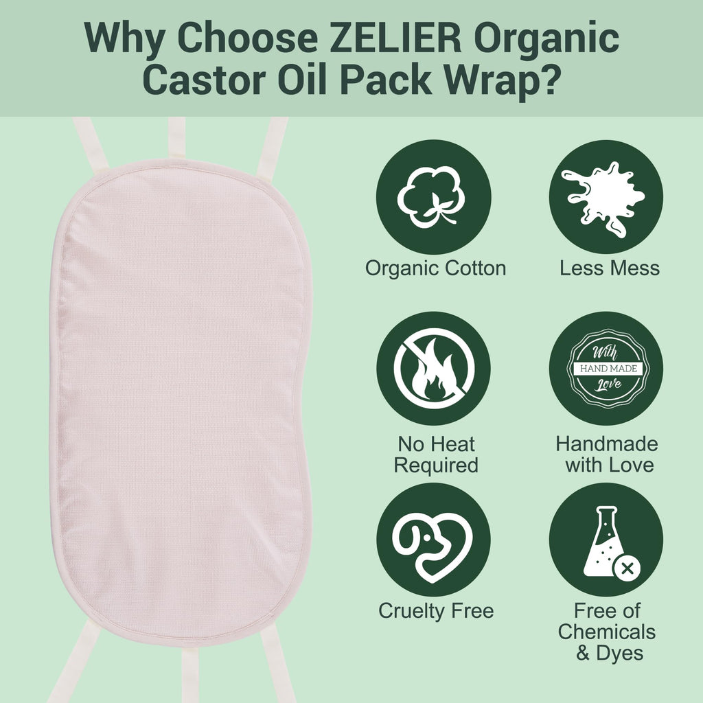 ZELIER Castor Oil Pack Wrap, Organic Cotton Flannel, Less-Mess - Reusable Castor Oil Compress Wrap Kit with 6 Adjustable Elastic