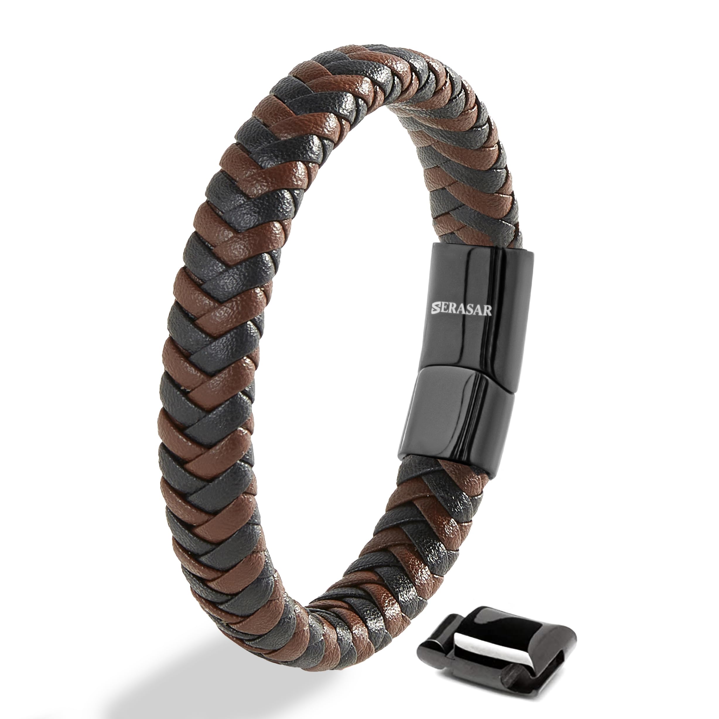 SERASAR Mens Leather Bracelet 17cm Silver Presents Men Gift Box Cowhide Braided Magnetic Clasp Multi Layer Wrap Rope Mans Male B