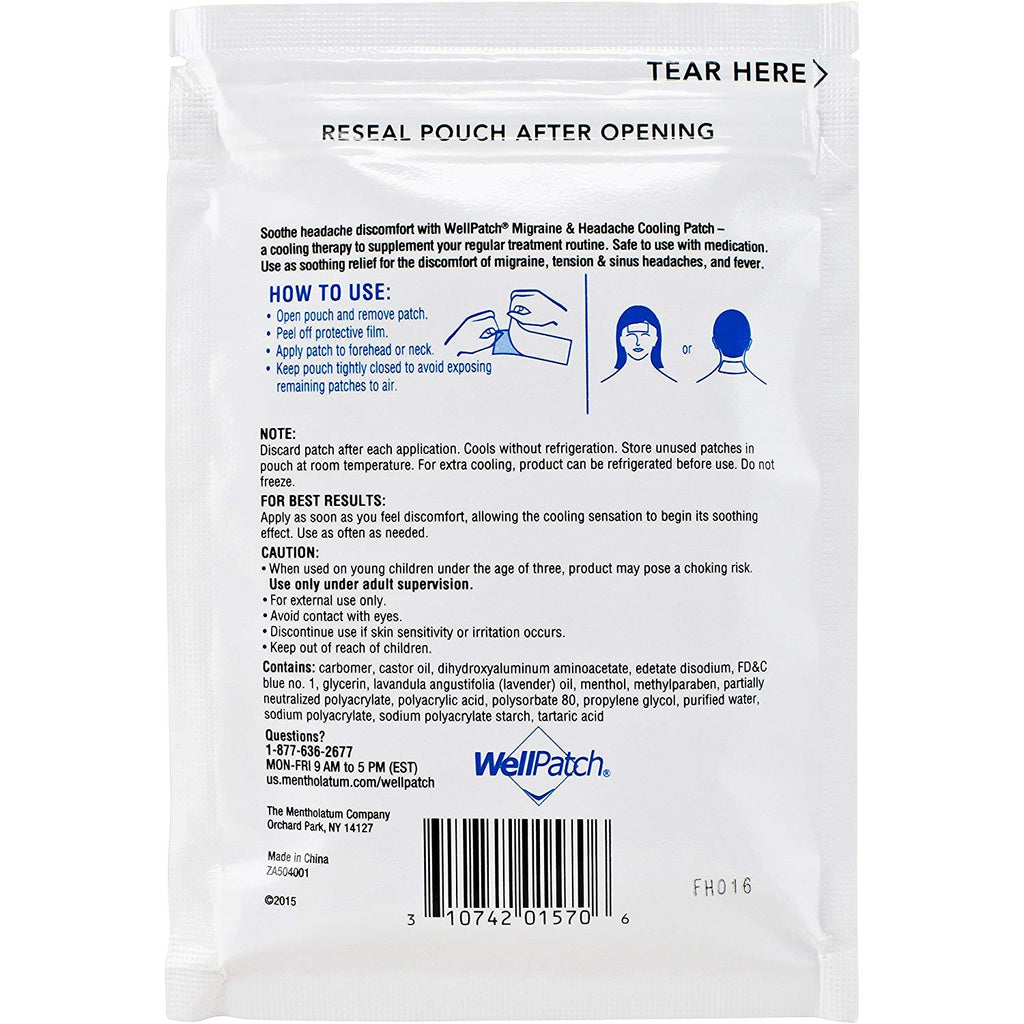 WellPatch Cooling Headache Pads, Migraine, 4 Large Patches- 4.3 x 2 Inch (Pack of 6)