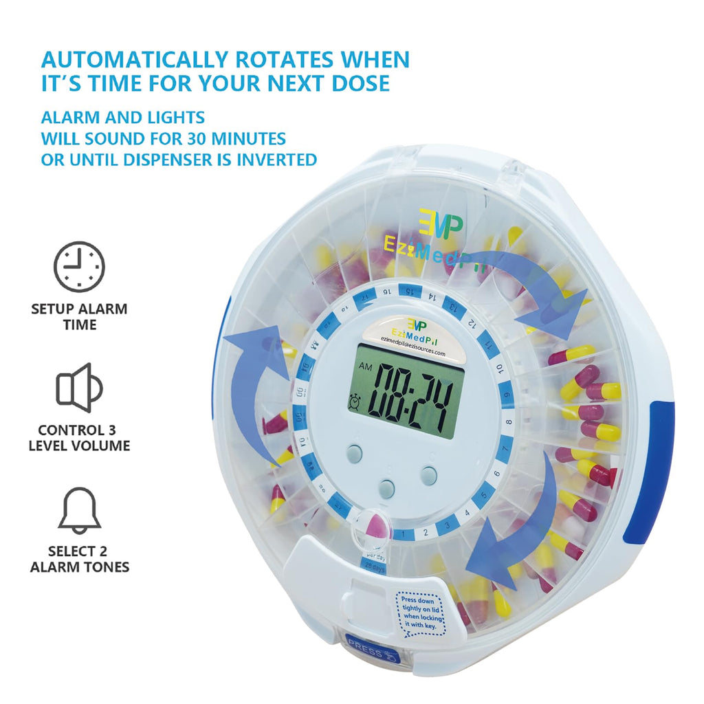 EziMedPil Automatic Pill Dispenser for Elderly & Alzheimers Care w/Audio & Visual Alerts, up to 6 Alarms/Day, Easy-Read LCD Disp