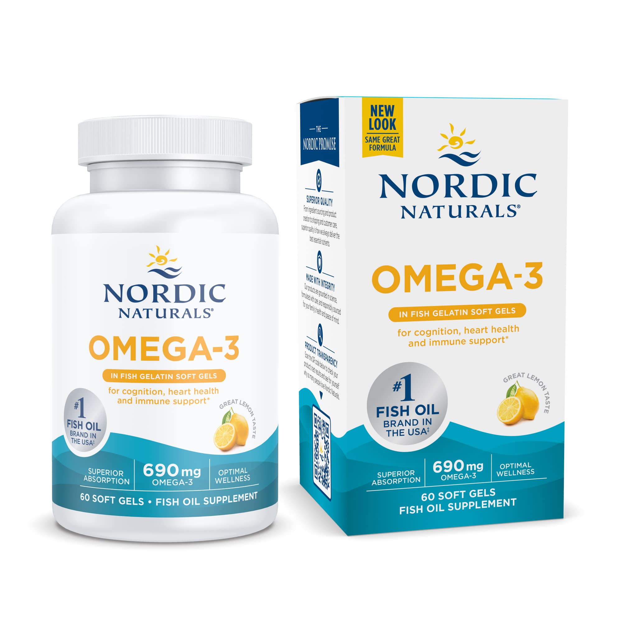 Nordic Naturals Omega-3 in Fish Gelatin, Lemon Flavor - 60 Fish Gels - 690 mg Omega-3 - Fish Oil - EPA & DHA - Immune Support, B