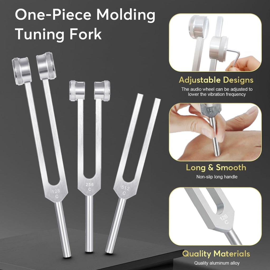 Tuning Forks for Healing Set (128Hz, 256Hz, 512Hz), Tuning Fork with Reflex Hammer for Healing/Frequency Instrument/Sound Therap