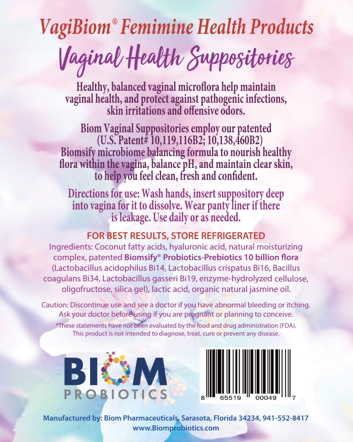 Biom Vaginal Probiotic Suppository: Natural Vaginal pH and Odor Control Regimen; Balance and Nourishes Vaginal Microbiome; No Pa