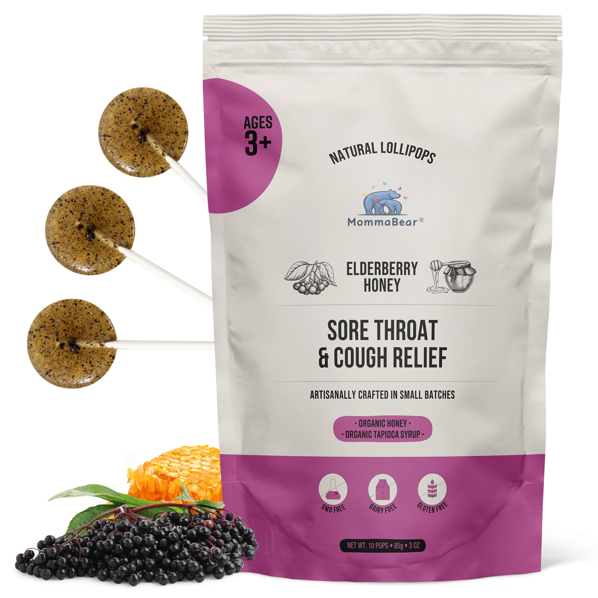 MommaBear Organics Handcrafted Kids Cough Lollipops - Natural Sore Throat Relief & Cough Drop Suckers for Kids 3+ - Elderberry B